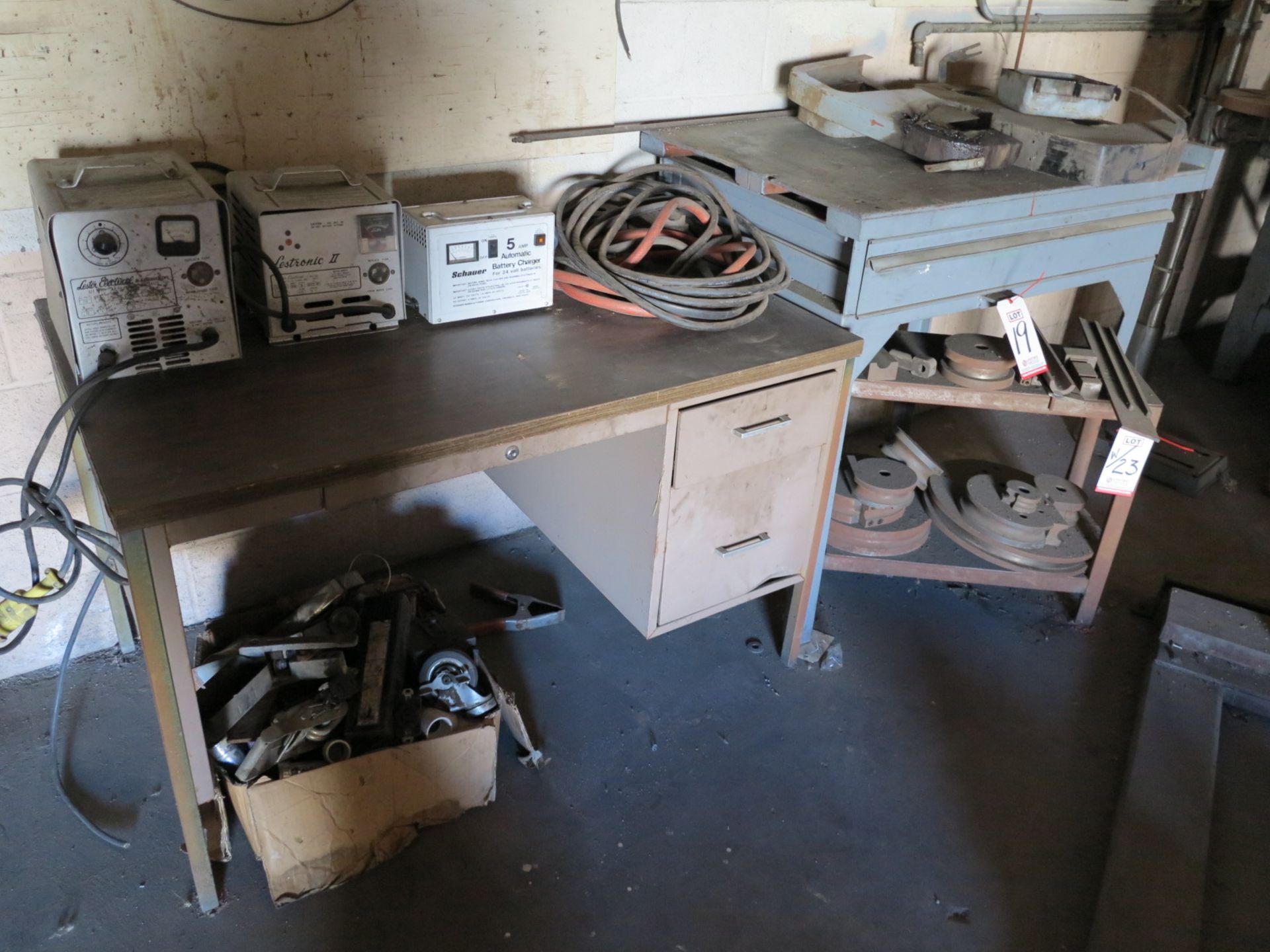 LOT - (2) DESKS W/ CONTENTS OF MAINTENANCE SUPPLIES AND (2) 36 VOLT BATTERY CHARGERS - Image 2 of 2