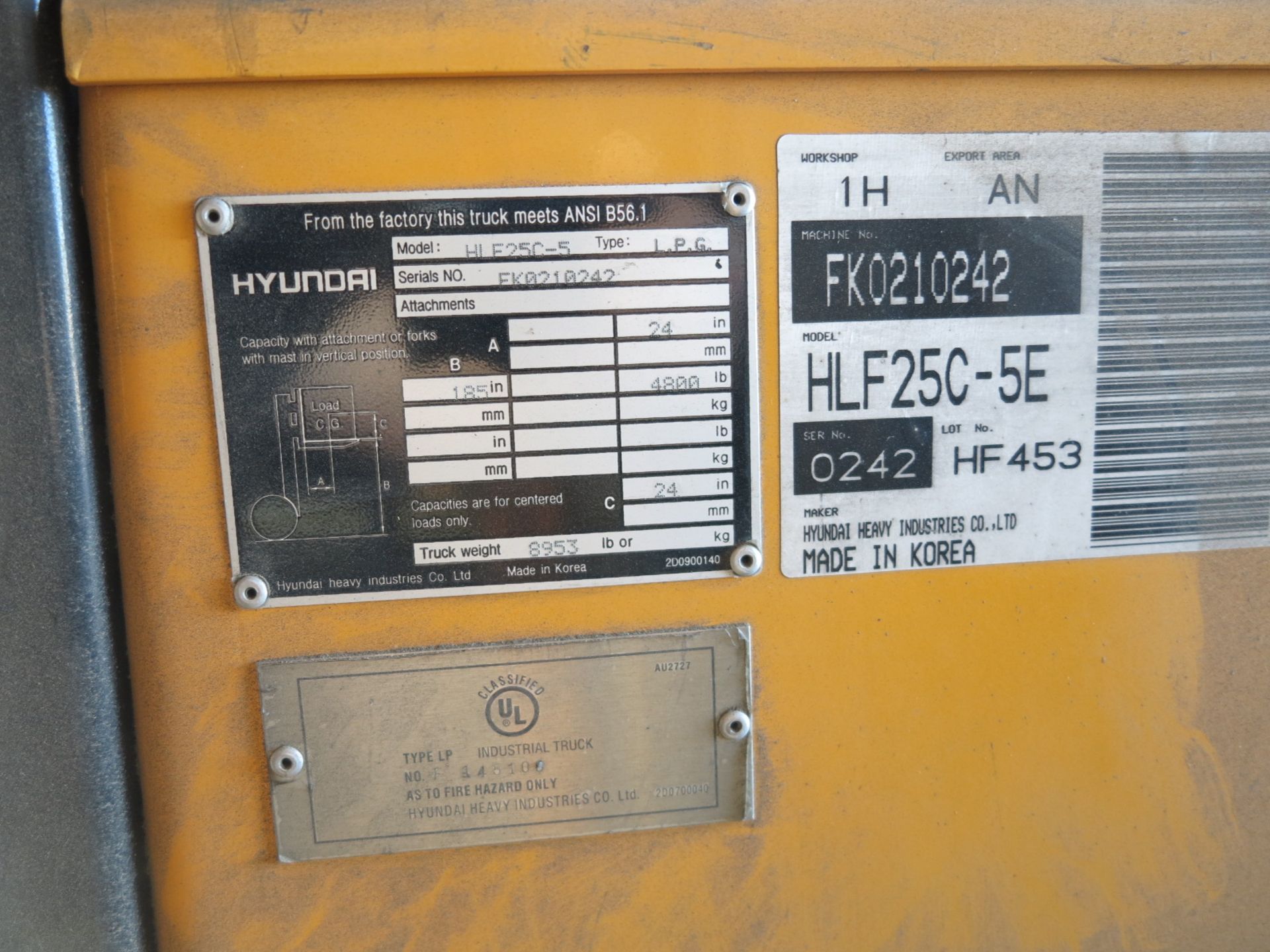 HYUNDAI 4,800 LB LP FORKLIFT, MODEL HLE-25C-5, S/N EK0210242, OUT OF SERVICE - Image 4 of 7