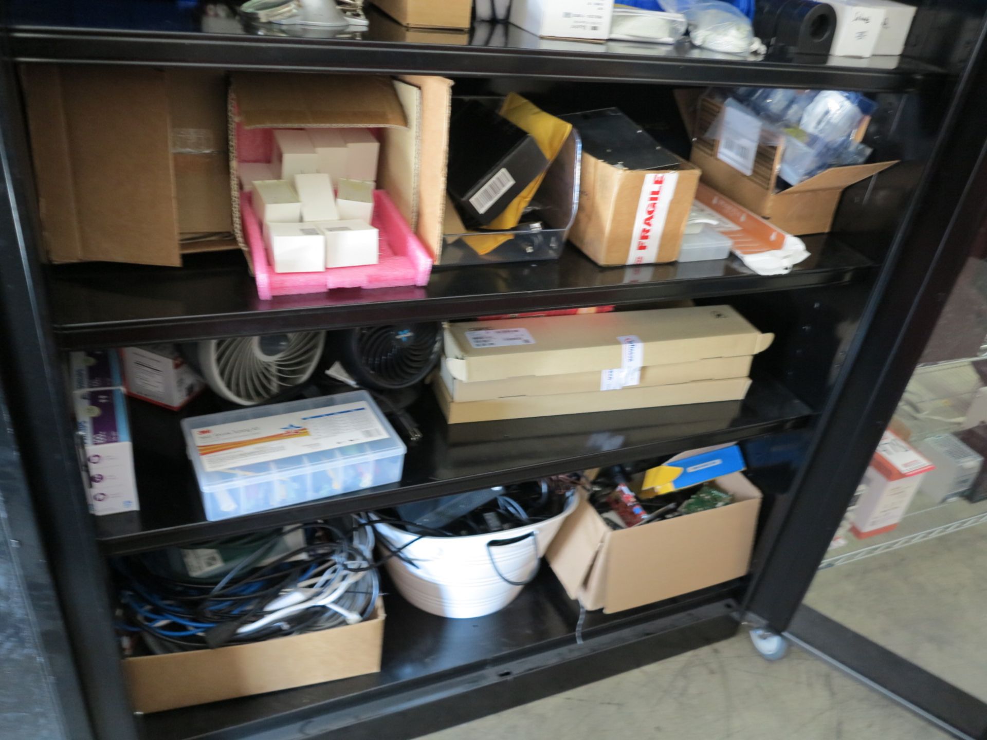 LOT - ULINE 2-DOOR CABINET FULL OF MISC ELECTRICAL AND ELECTRONICS PARTS AND COMPONENTS, CONTENTS - Image 3 of 3