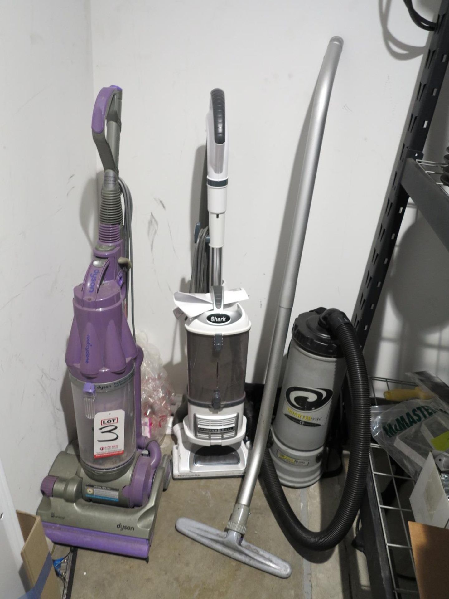 LOT - (3) VACUUM CLEANERS: PROTEAM QUARTER VAC BACKPACK VAC; DYSON ROOT CYCLONE; SHARK NV355