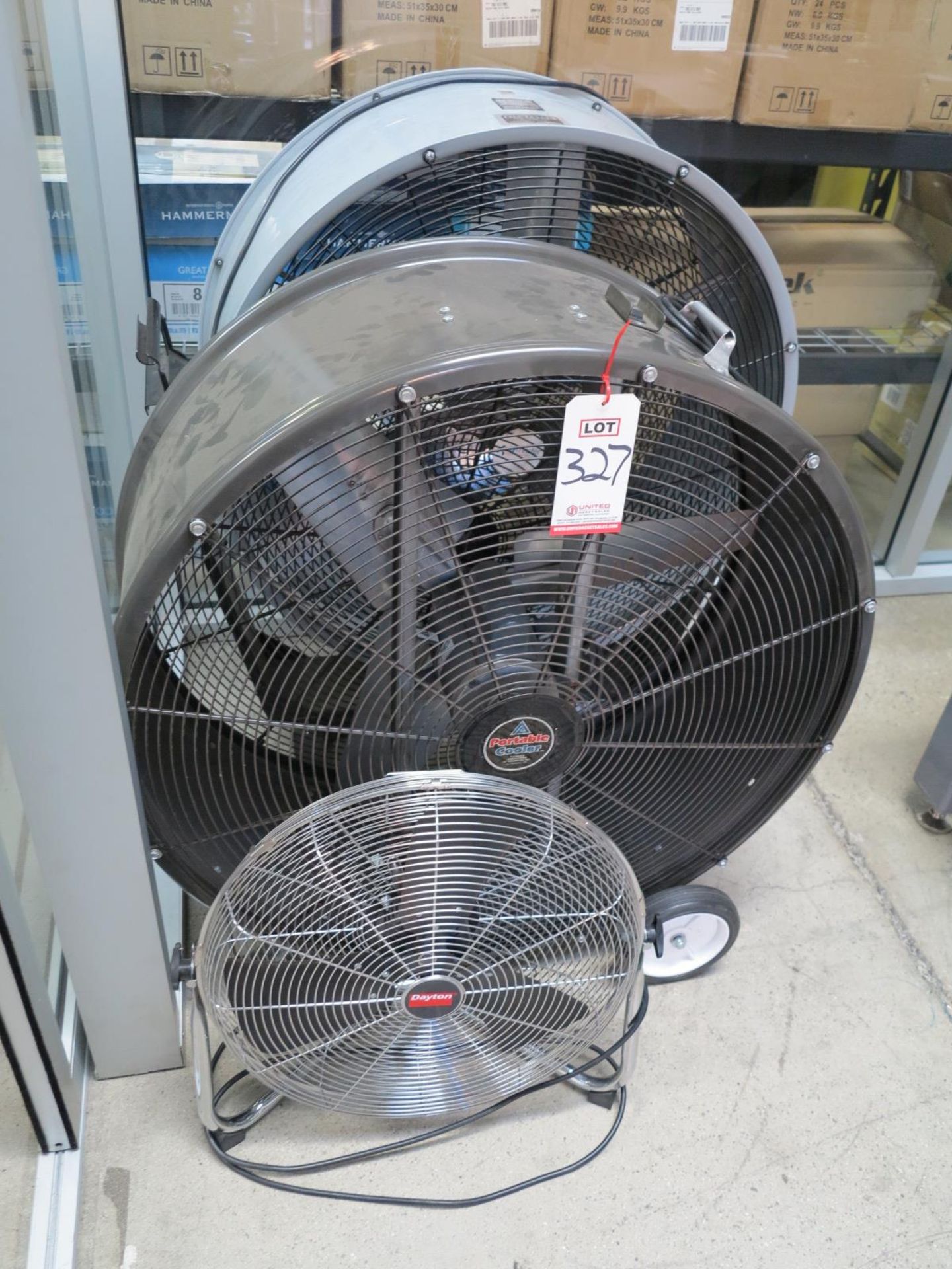 LOT - (2) 3' DIA DRUM FANS AND (1) 20" FLOOR FAN