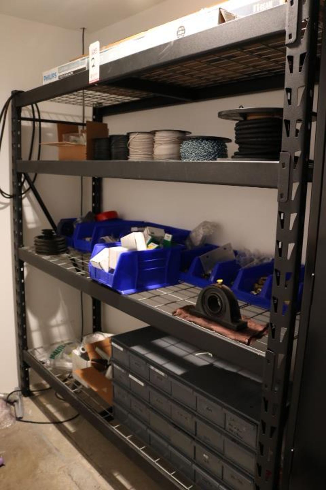 LOT - 6' SHELF UNIT, W/ CONTENTS TO INCLUDE: ASSORTED WIRE SPOOLS, CASTERS, HARDWARE, FASTENERS,