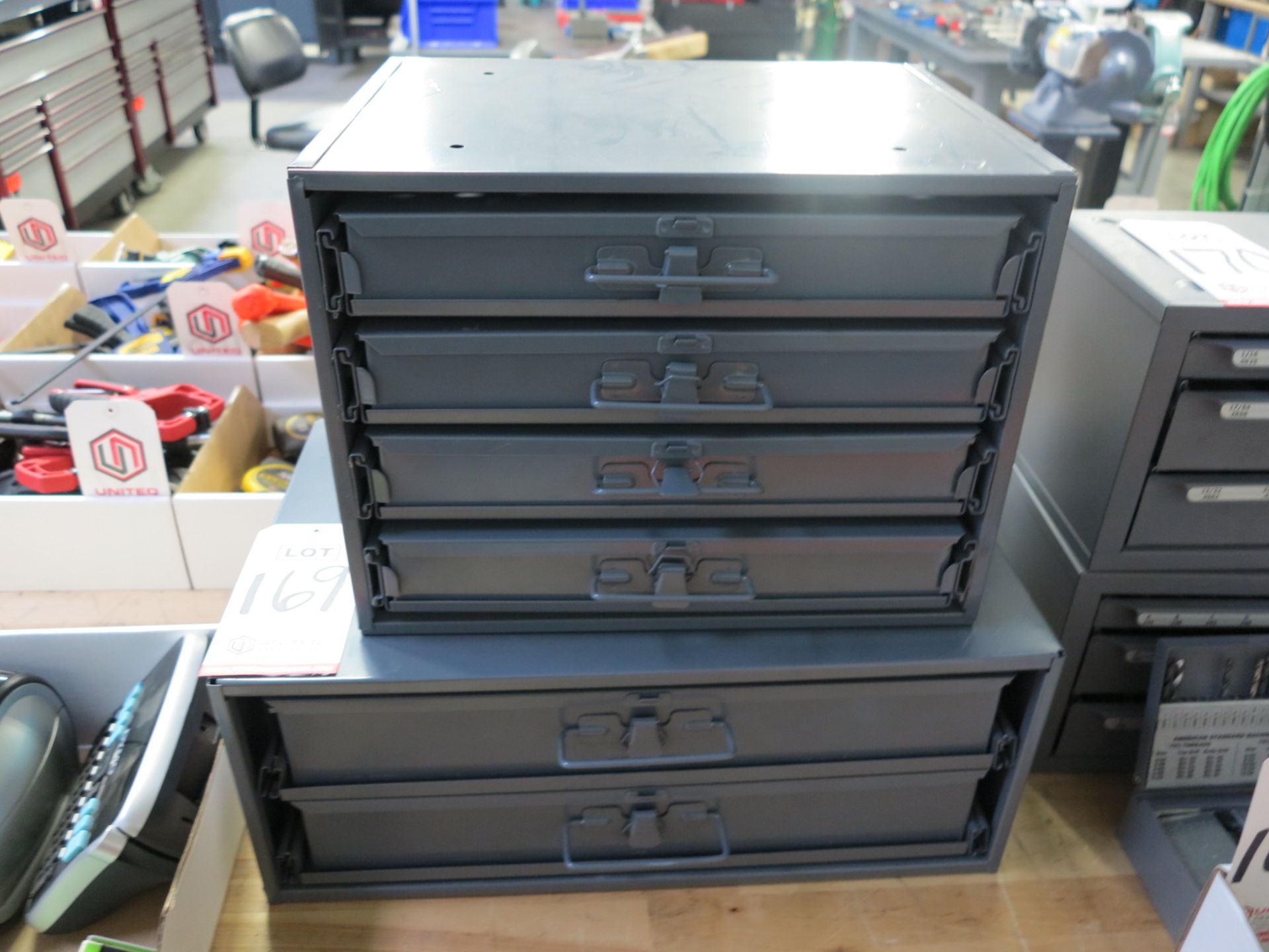 LOT - (2) STACKING HARDWARE DRAWER CADDIES, W/ REMOVEABLE DRAWERS FULL OF BOLTS, WASHERS, ETC.