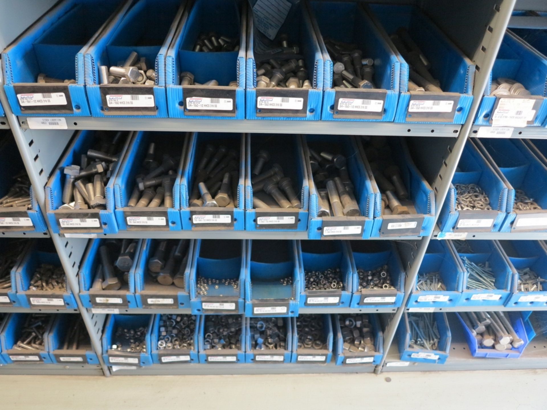 LOT - CONTENTS OF (10) 3' SECTIONS OF SHELVING TO INCLUDE: MACHINE SCREWS, SS AND CARBON STEEL NUTS, - Image 18 of 22