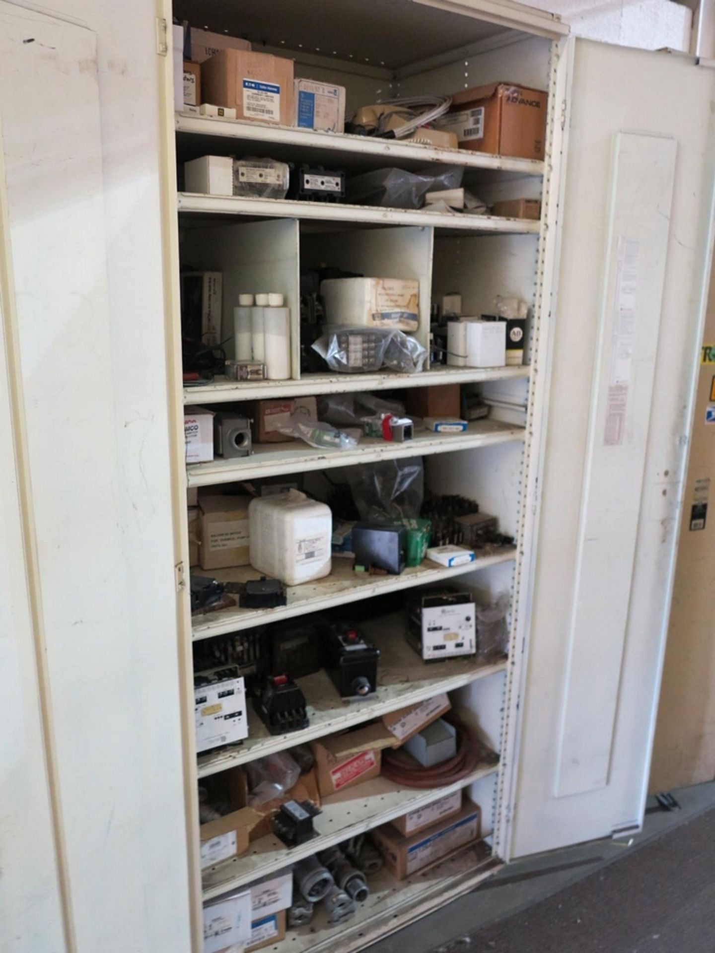 2-DOOR STORAGE CABINET W/ CONTENTS TO INCLUDE: ELECTRICAL CONTROLS, CURRENT LIMITERS, CIRCUIT - Image 2 of 5