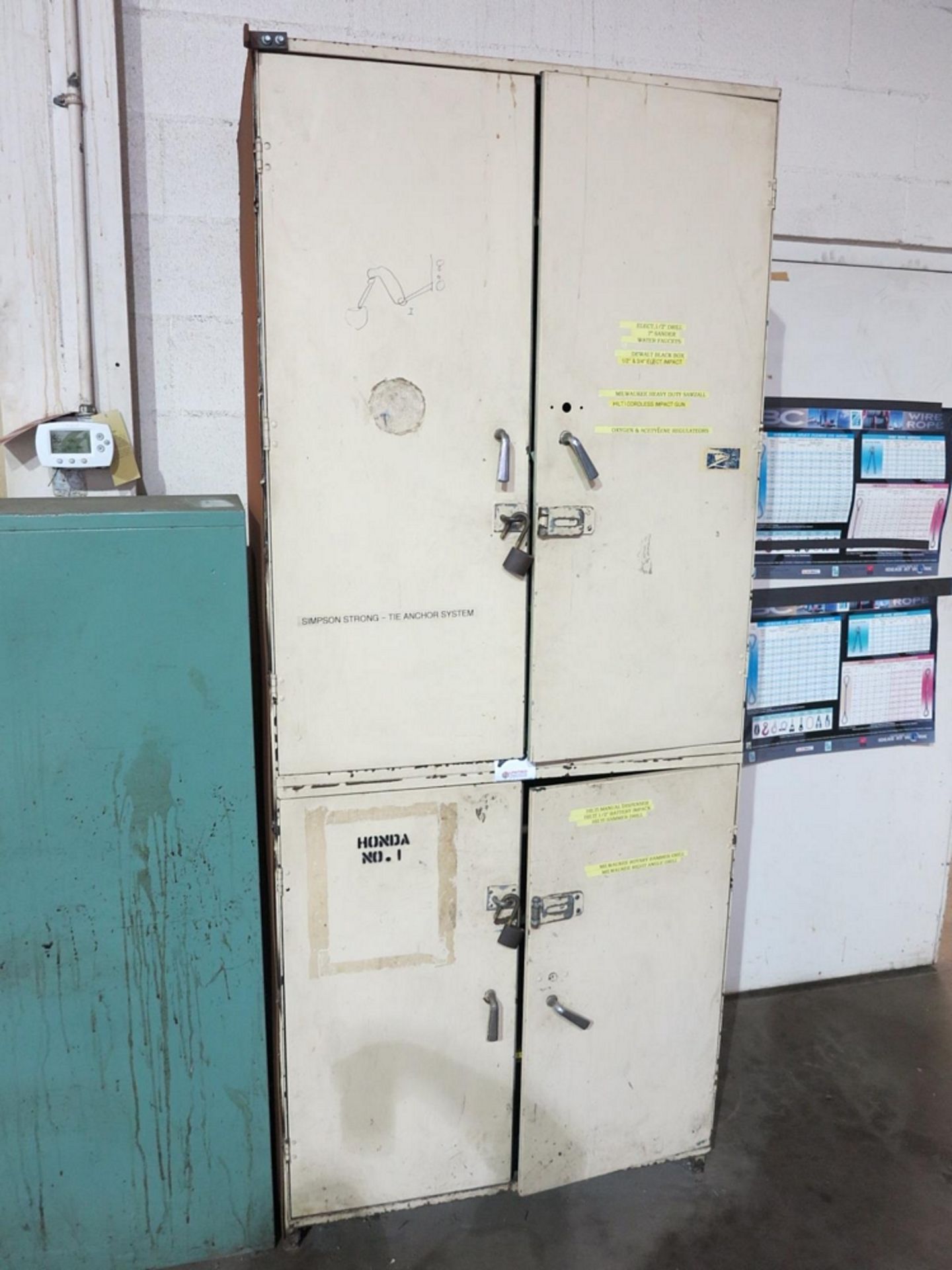 4-DOOR STORAGE CABINET W/ CONTENTS OF SS BRAIDED HOSE, OXY-ACETYLENE HOSE, REGULATORS, 6" WIRE CUP