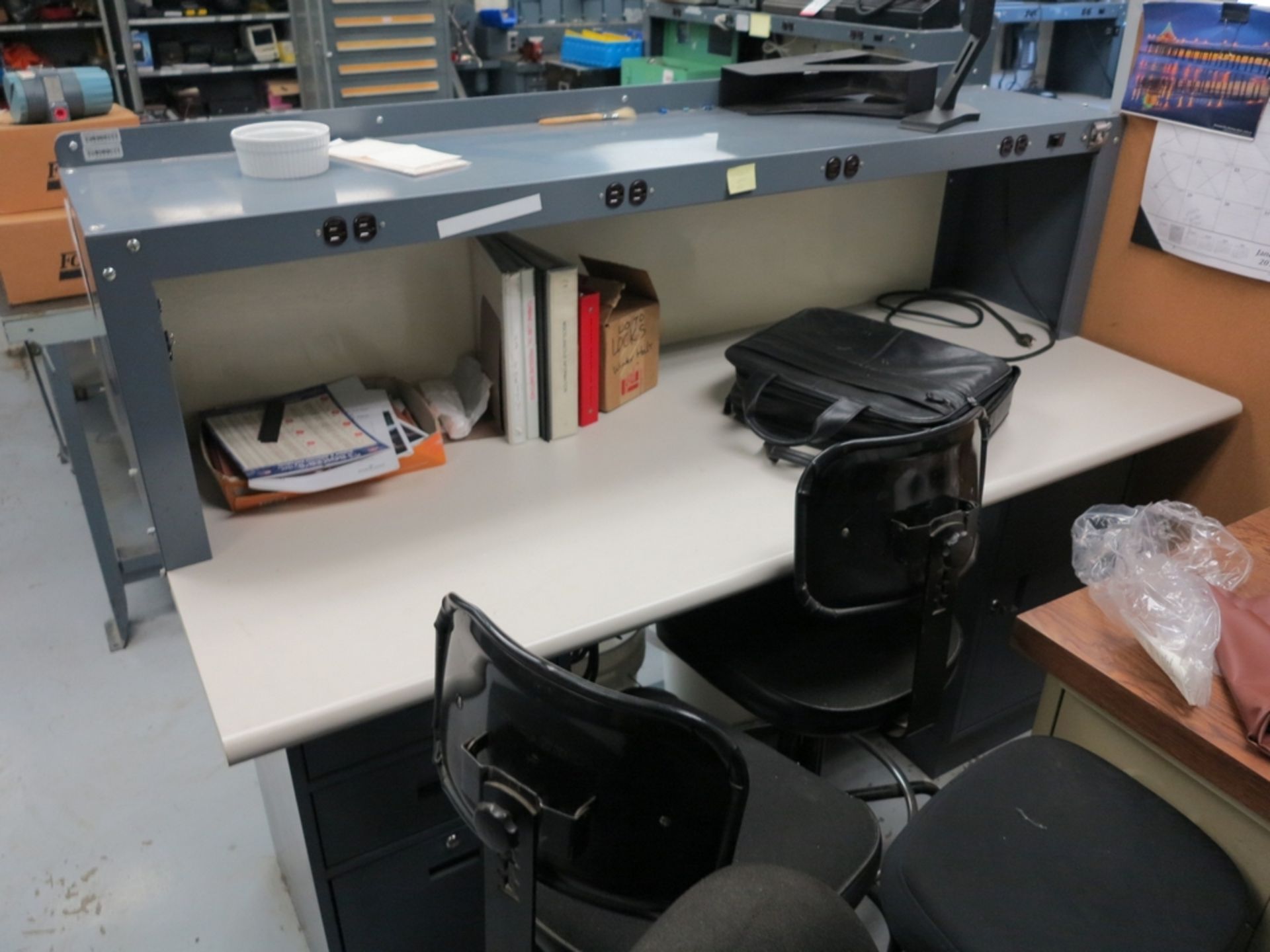 LOT - OFFICE CUBICLE W/ (2) DESKS, 2-DOOR OFFICE CABINET, (2) MONITORS, CHAIRS - Image 2 of 3