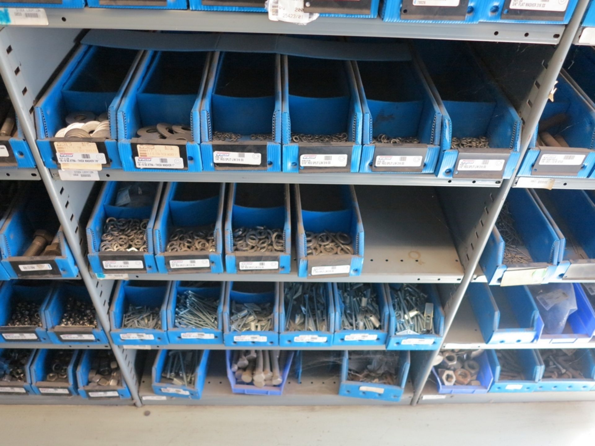 LOT - CONTENTS OF (10) 3' SECTIONS OF SHELVING TO INCLUDE: MACHINE SCREWS, SS AND CARBON STEEL NUTS, - Image 20 of 22