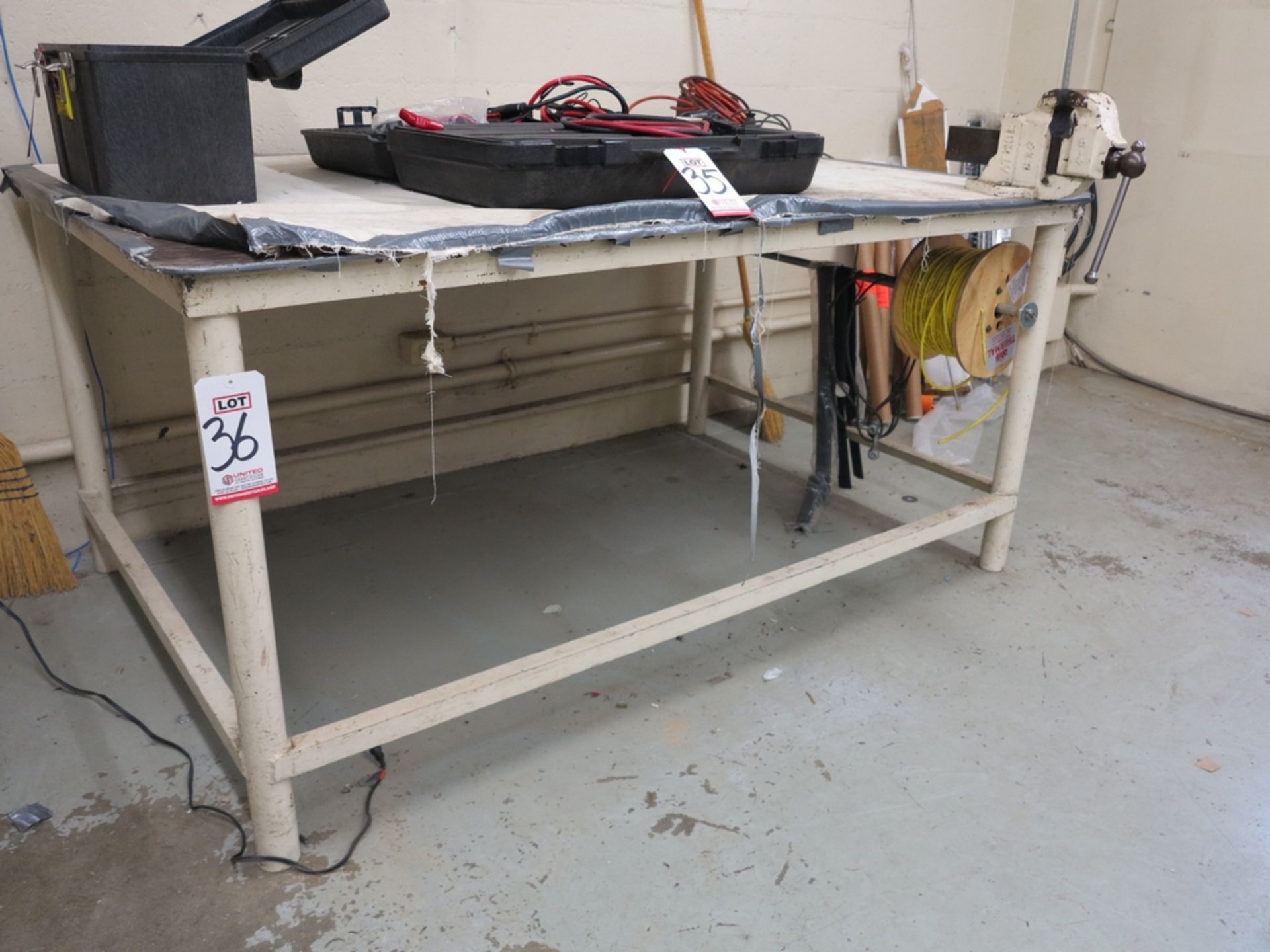 STEEL WORKBENCH, 6' X 4' X 34", W/ 4" ATHOL BENCH VISE, TOP IS 1/4" THICK