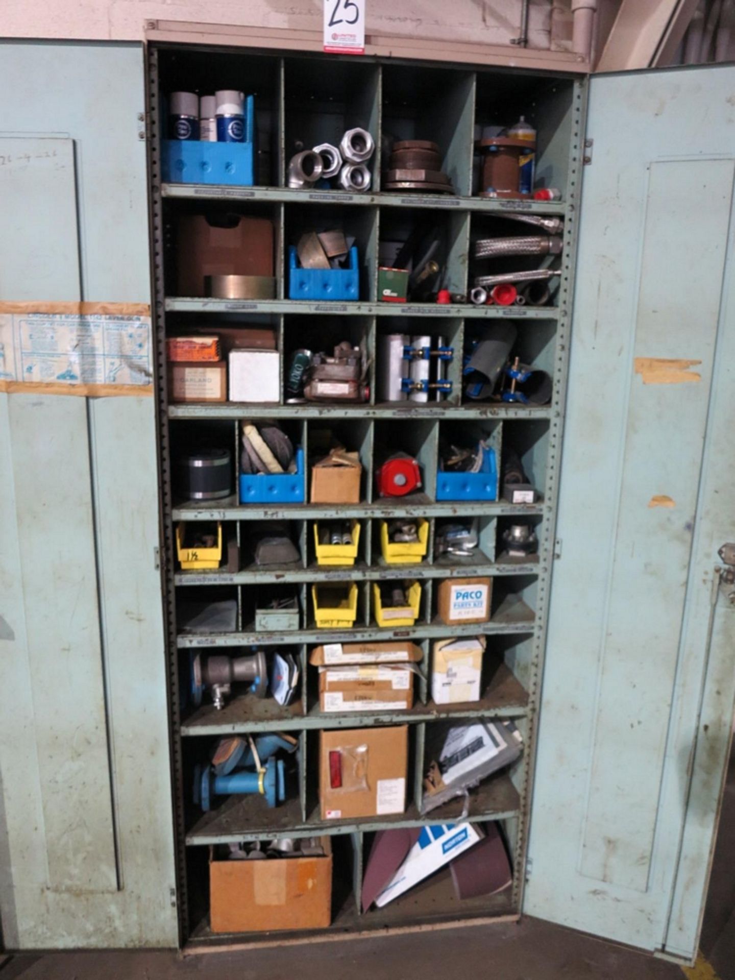 2-DOOR STORAGE CABINET W/ CONTENTS OF PUMP PARTS, FLANGE KITS, PIPE SLEEVES, COUPLINGS, ABRASIVE