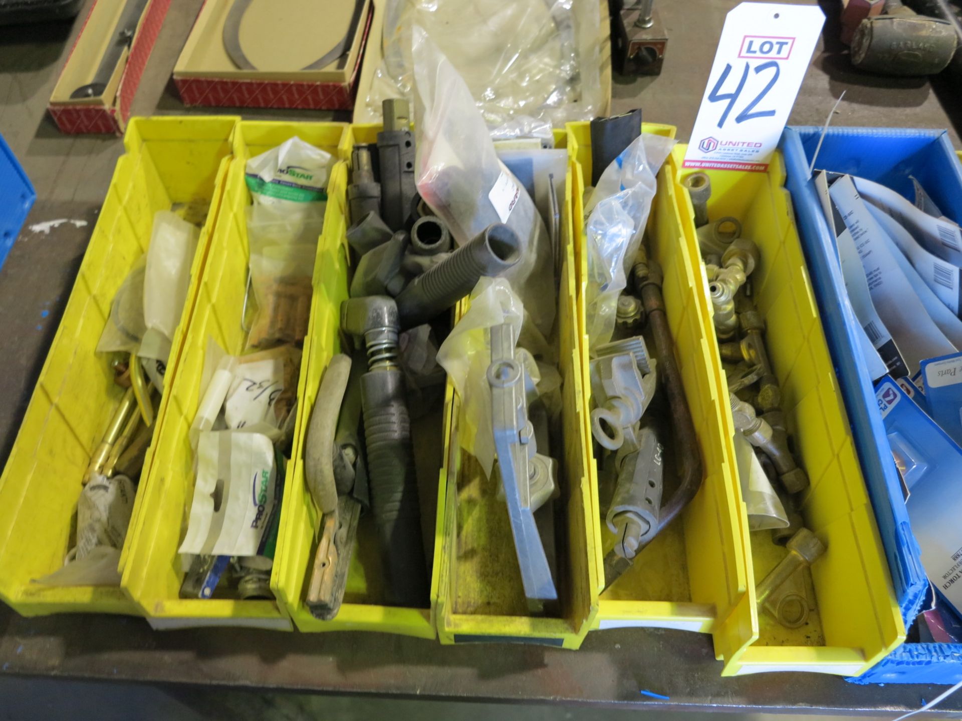 LOT - (10) PLASTIC BINS CONTAINING WELDING RELATED ITEMS, ETC.