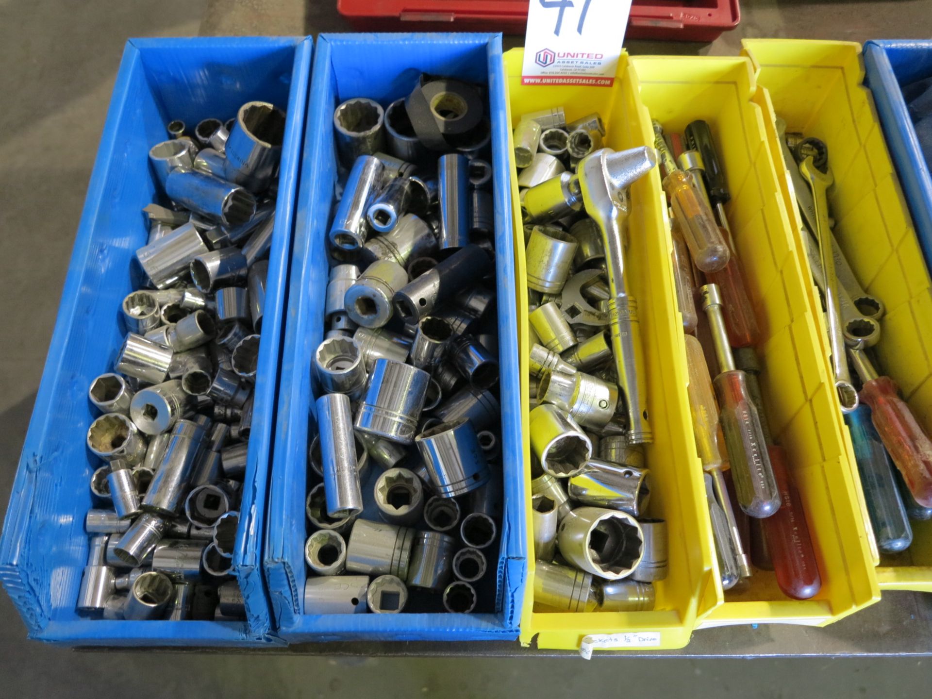 LOT - (8) PLASTIC BINS CONTAINING SOCKETS, NUT DRIVERS, ETC.