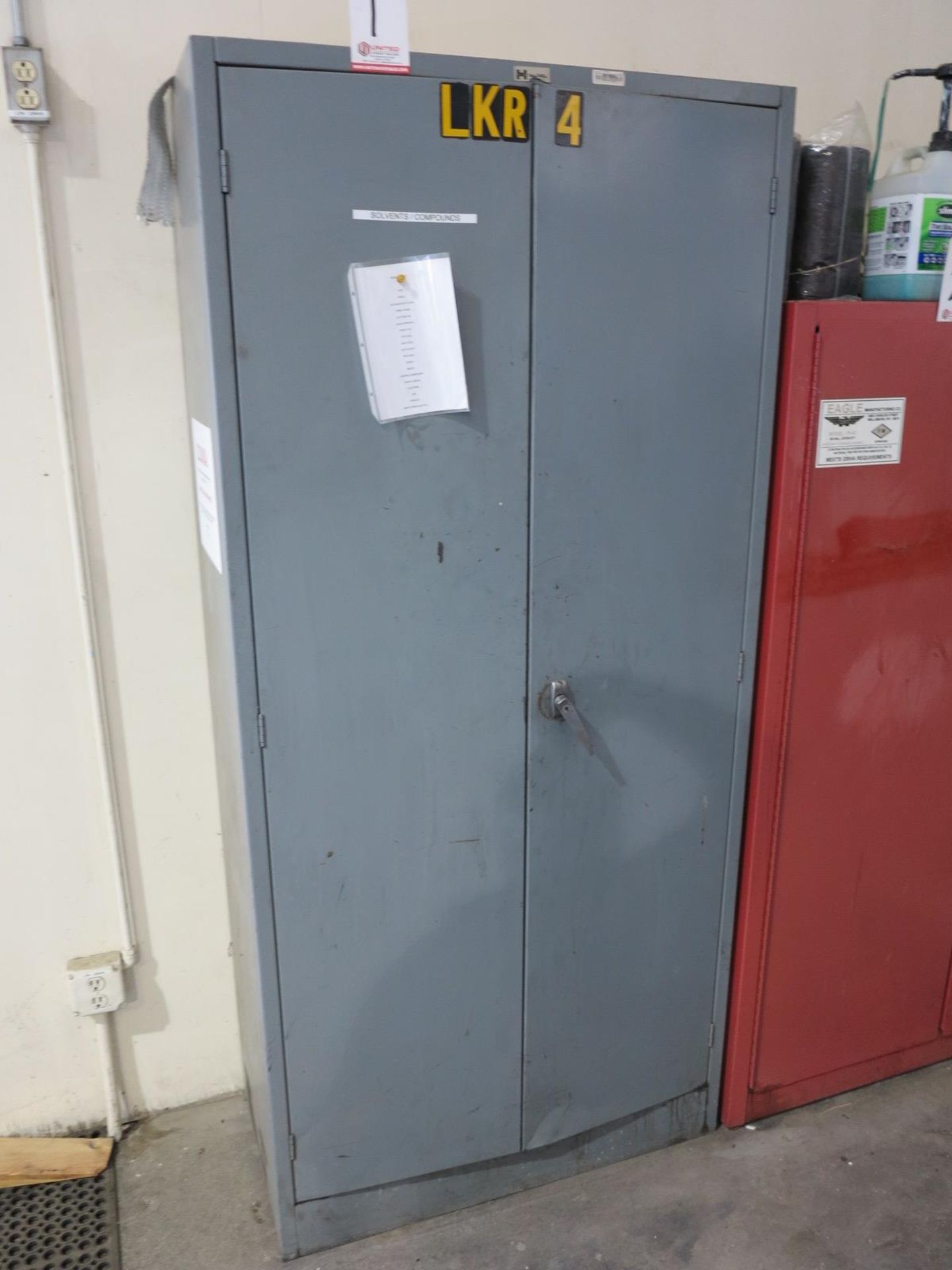 LOT - 2-DOOR STORAGE CABINET W/ CONTENTS TO INCLUDE: GASKET SEALER, GEAR OIL, DESCALER, CUTTING OIL,