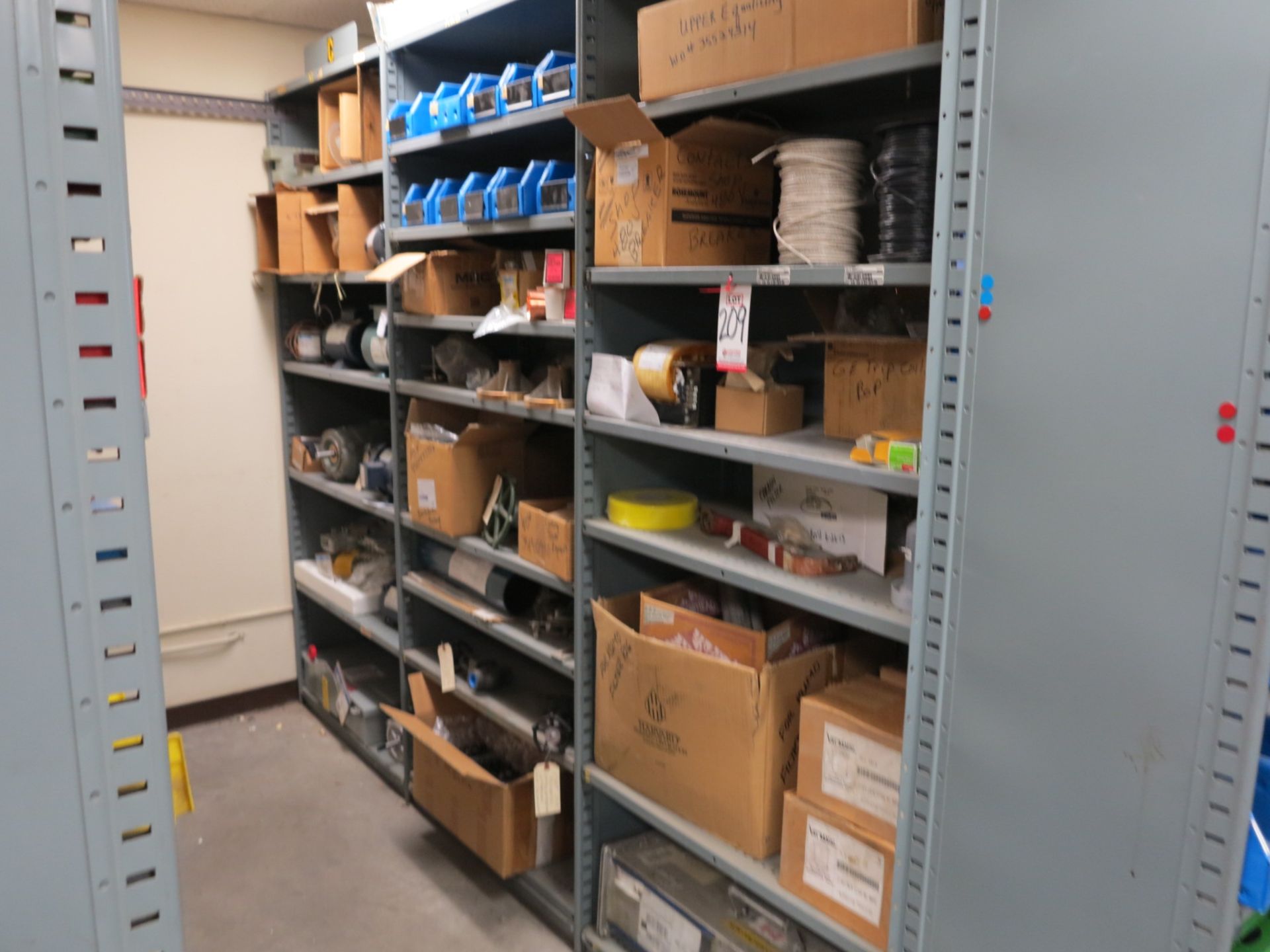 LOT - (3) 3' SECTIONS OF SHELVING, W/ CONTENTS TO INCLUDE: (8) NEW ELECTRIC MOTORS AND (1) REBUILT