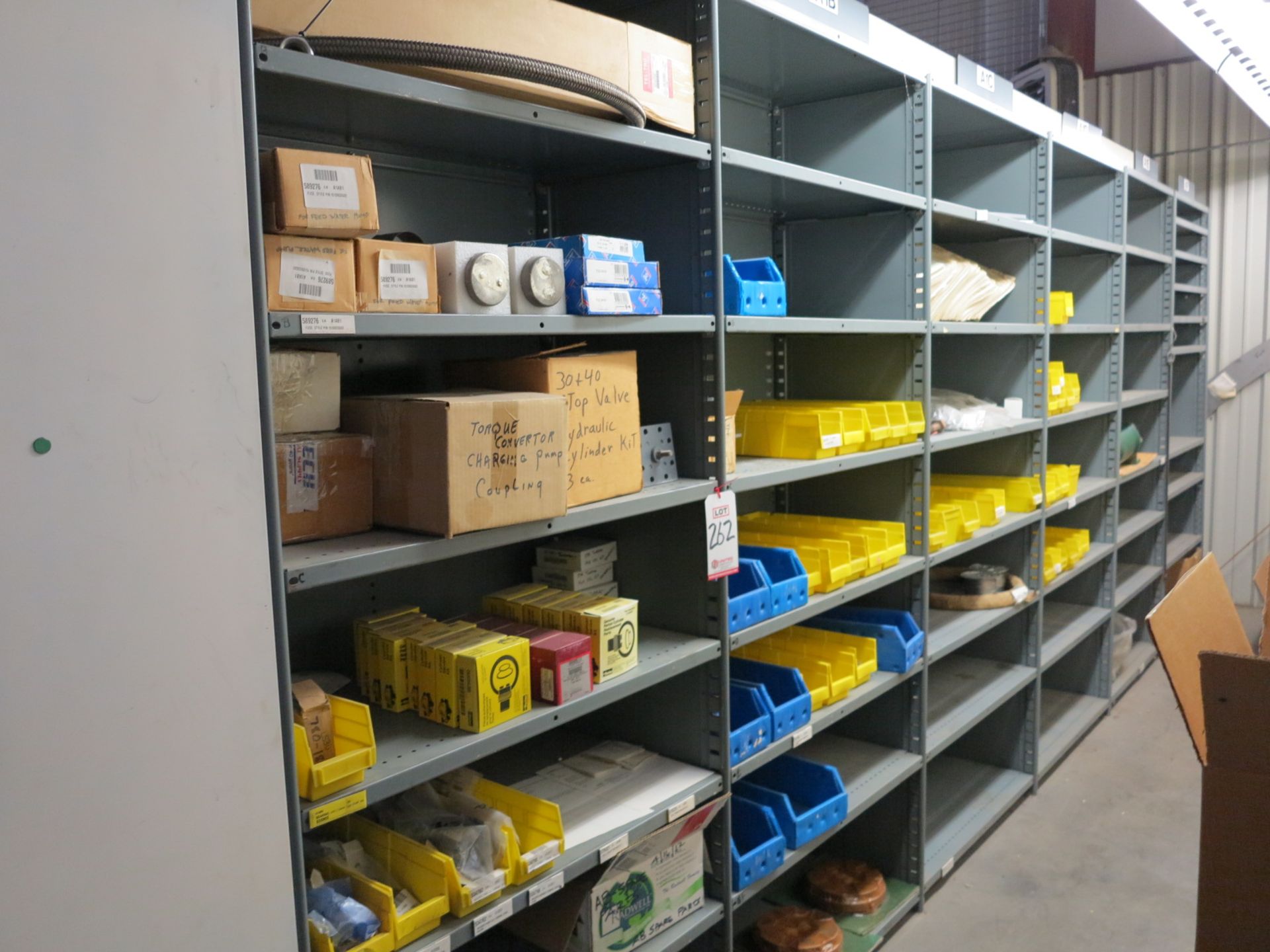 LOT - (6) 3' SECTIONS OF SHELVING, W/ CONTENTS TO INCLUDE: SKF BEARINGS, FLOWSERVE HEAT EXCHANGER,