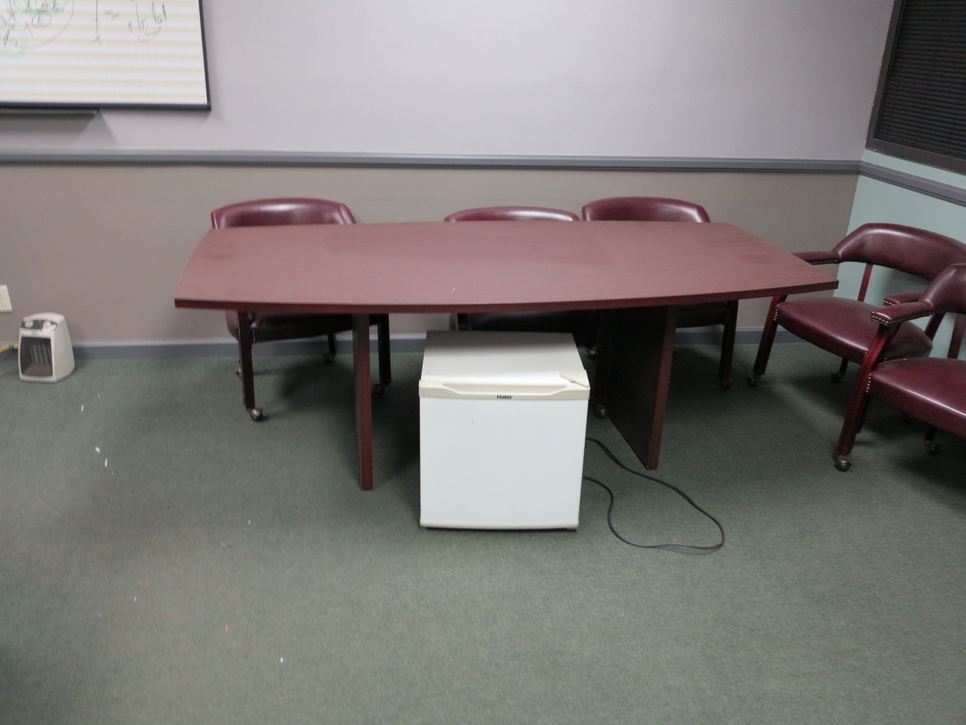 LOT - CONTENTS OF OFFICE TO INCLUDE: SMALL CONFERENCE TABLE, (8) UPHOLSTERED CHAIRS, MINI FRIDGE, - Image 2 of 3
