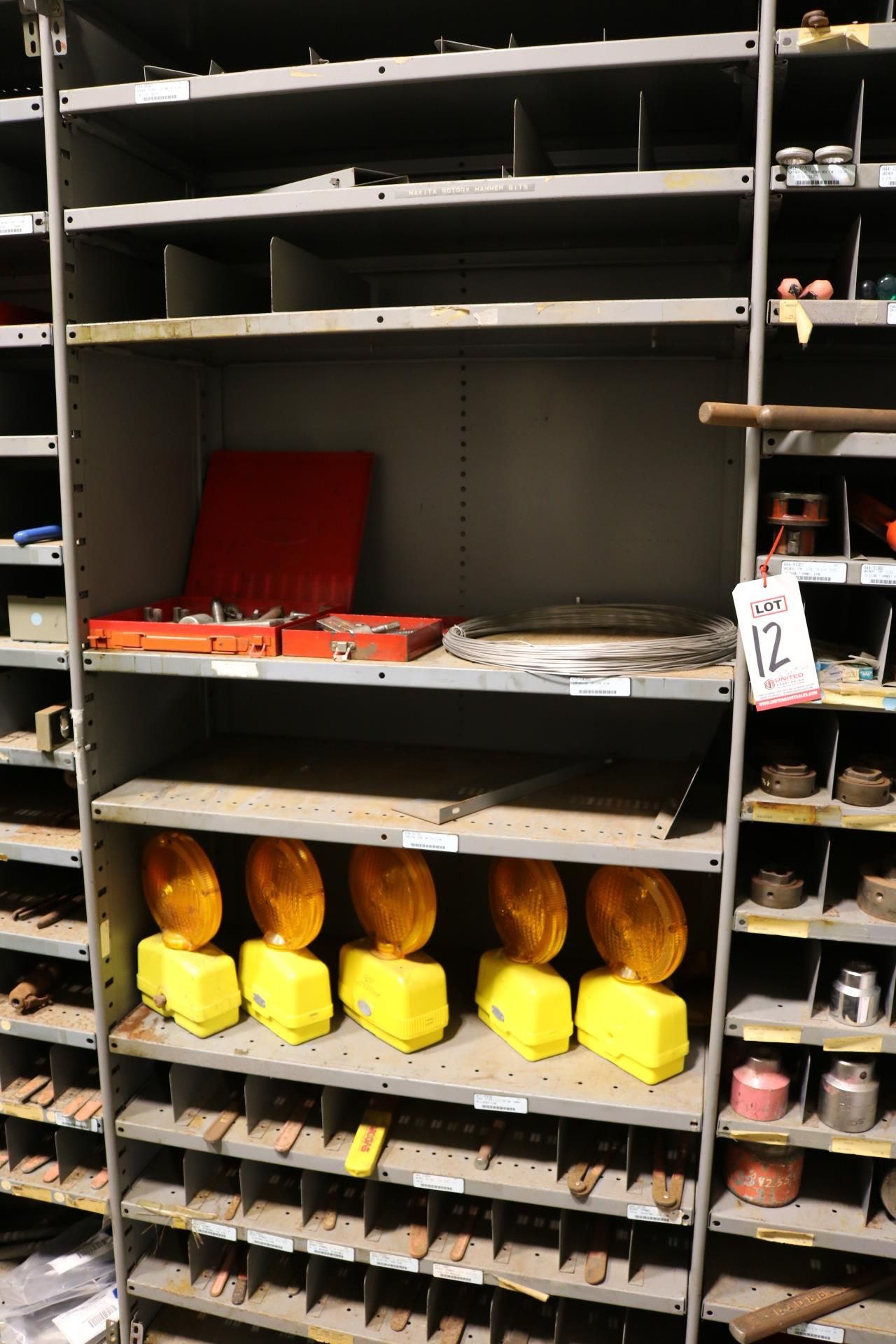 LOT - CONTENTS OF (4) 3' SECTIONS OF SHELVING TO INCLUDE: MISC HAND TOOLS, RIVETS, INTERNAL PIPE - Image 5 of 6