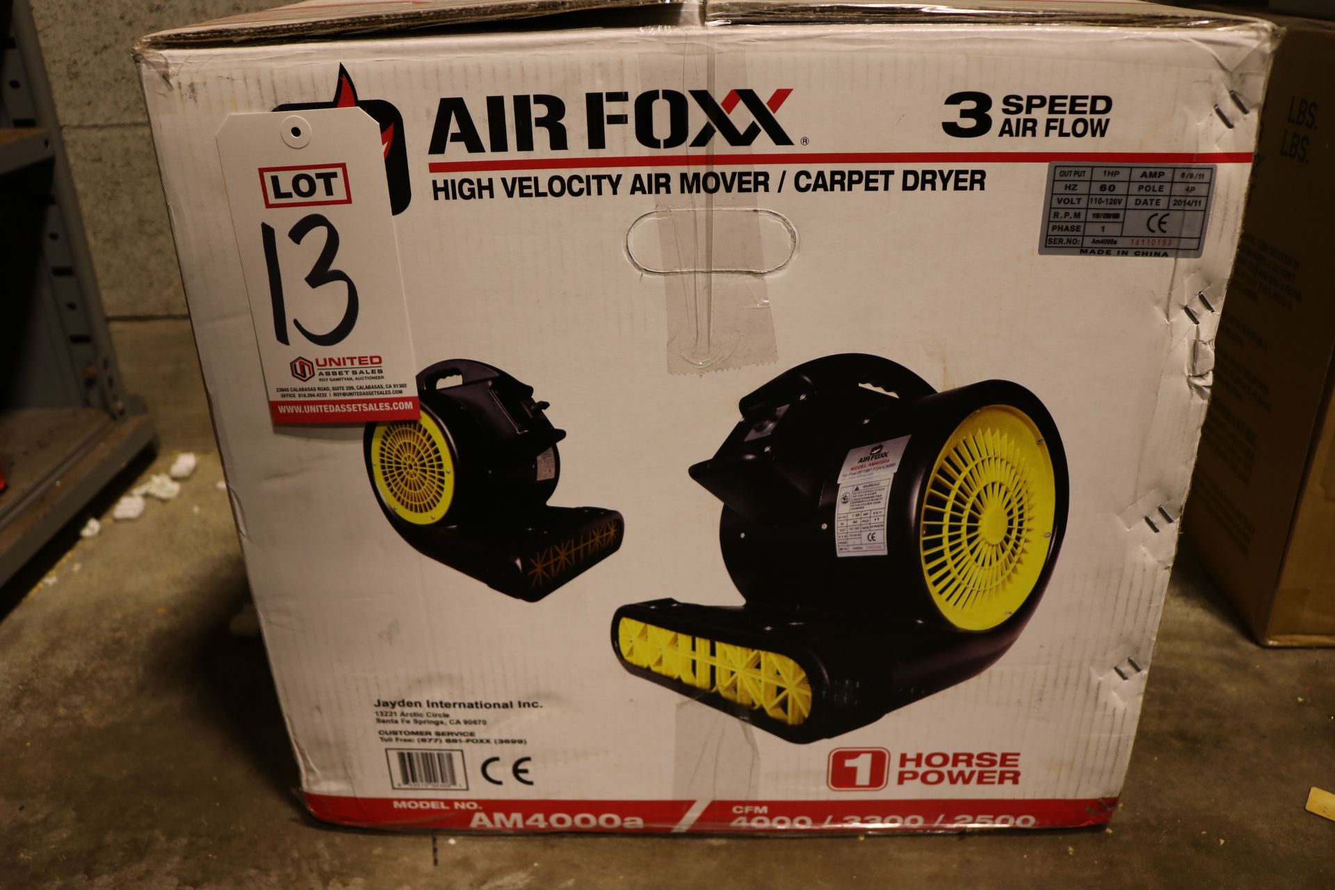 AIR FOXX 3-SPEED HIGH VELOCITY AIR MOVER, MODEL AM4000A, 1 HP, 4000 CFM, NEVER UNBOXED