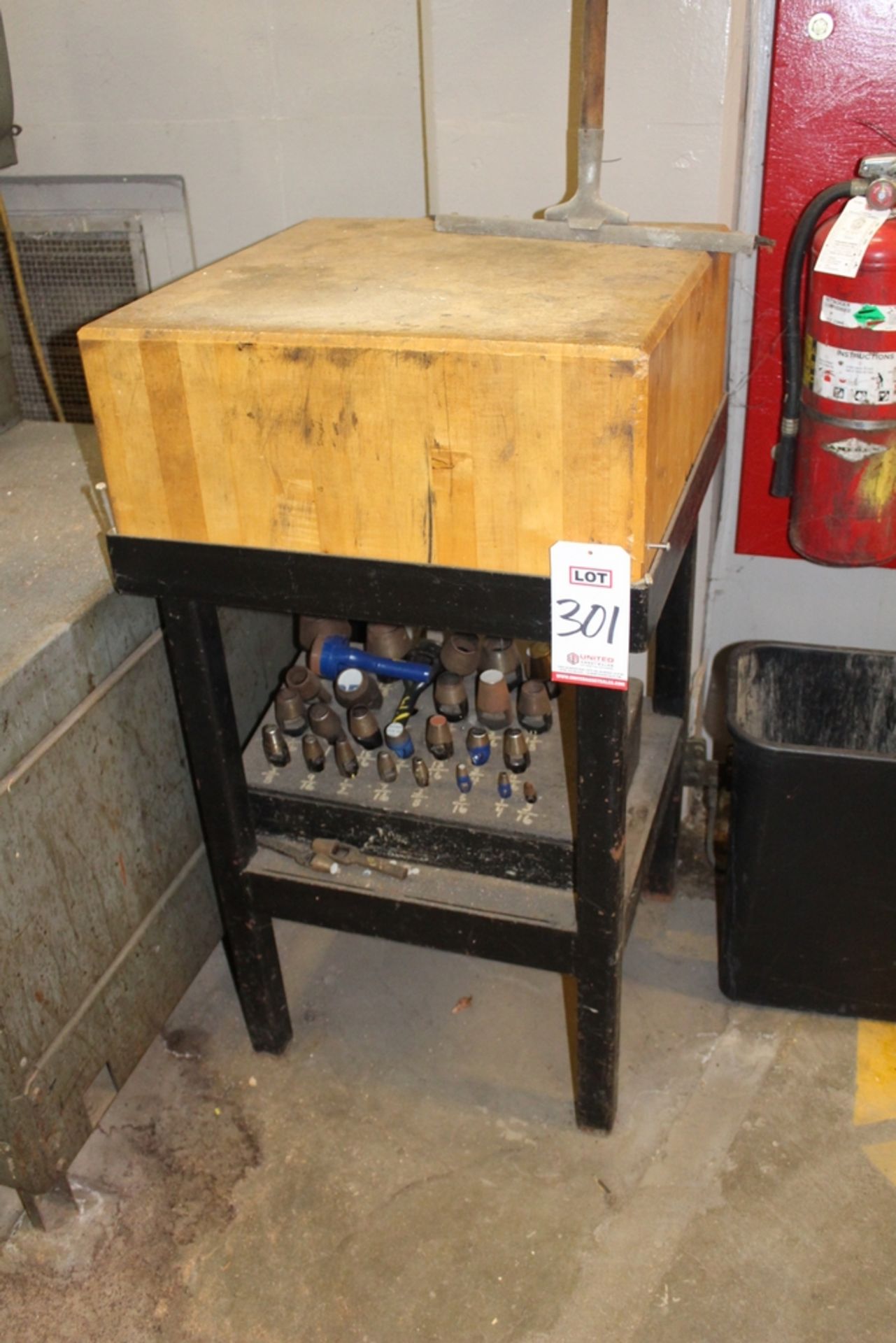 LOT - ASSORTED GASKET PUNCHES & 24" X 24" X 12" BUTCHER-BLOCK STYLE HARDWOOD CUTTING TABLE; (BLDG