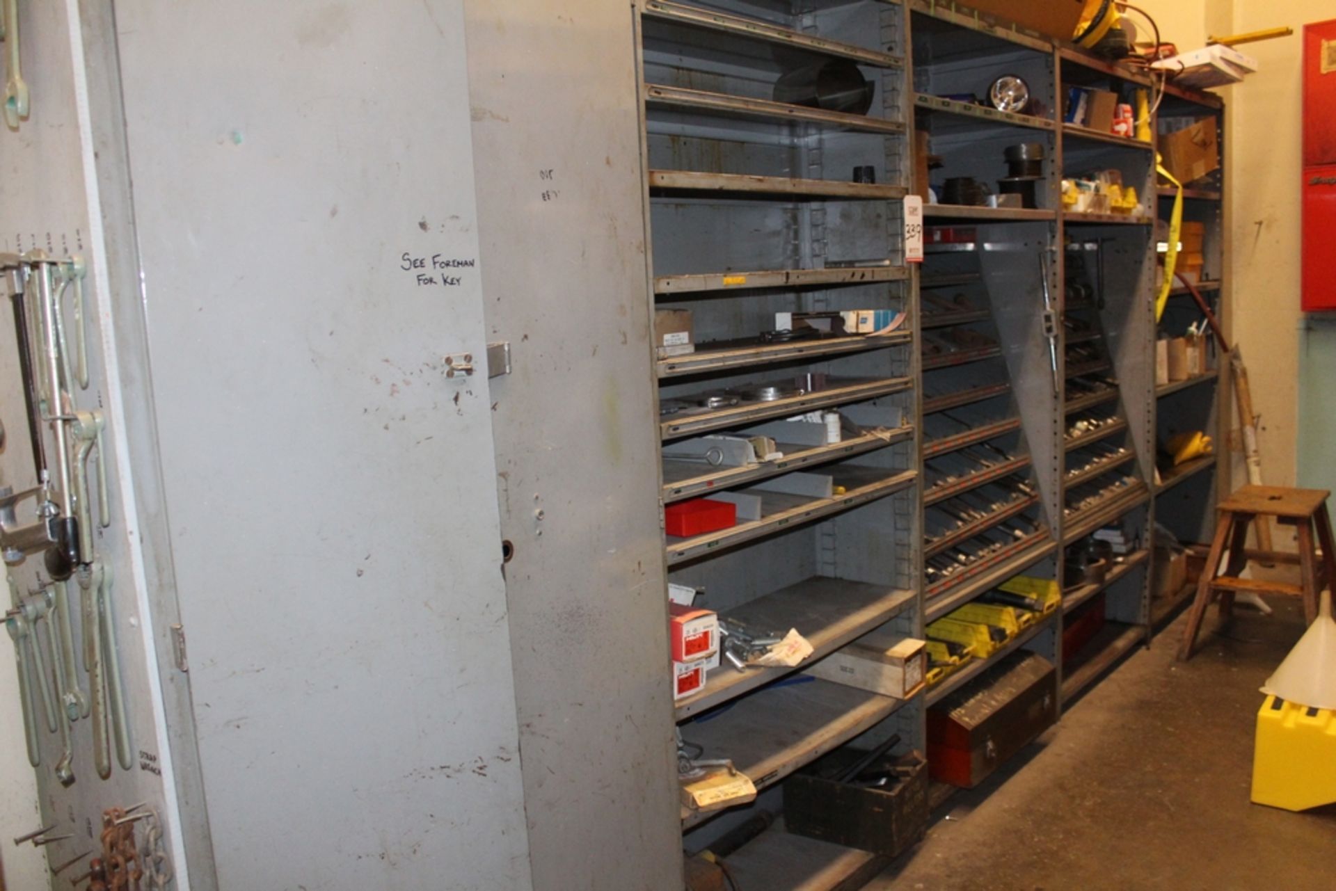 LOT - METAL SHELVING W/ CONTENTS - DRILLS, TAPS, DIES, ANCHORS, MISC; (BLDG 7)