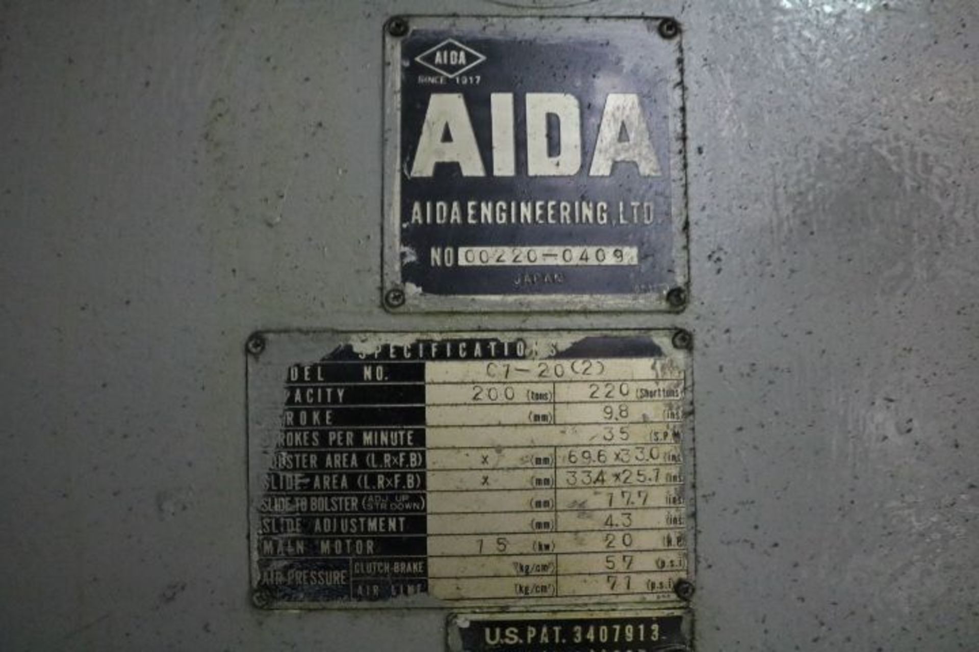 AIDA MODEL C1-20 (2), 220-TON MECHANICAL GAP FRAME PRESS, S/N 10520-052 (NEW 1975 EST.), 9.8" - Image 8 of 10