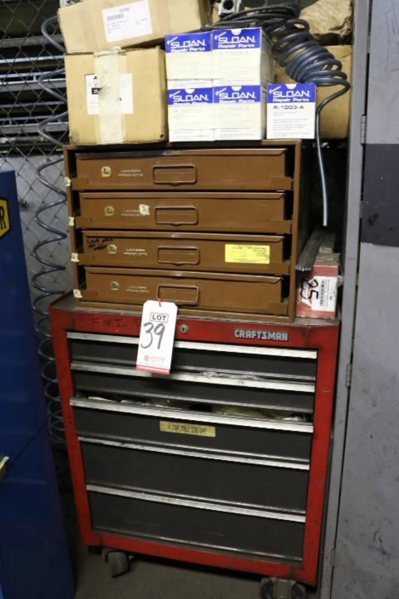 CABINET W/ CONTENTS TO INCLUDE: O-RINGS, CRAFTSMAN TOOL BOX W/ CONTENTS, NSK BEARINGS, PRESSURE