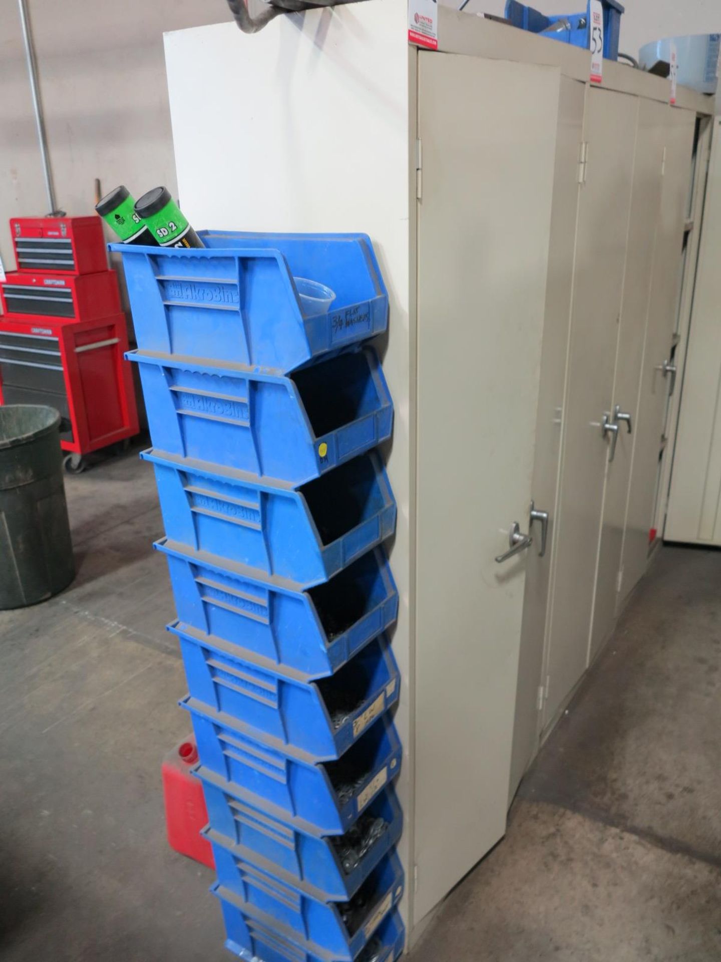 2-DOOR CABINET W/ CONTENTS OF TAPER DRILLS AND (9) STACKABLE BINS OF HARDWARE