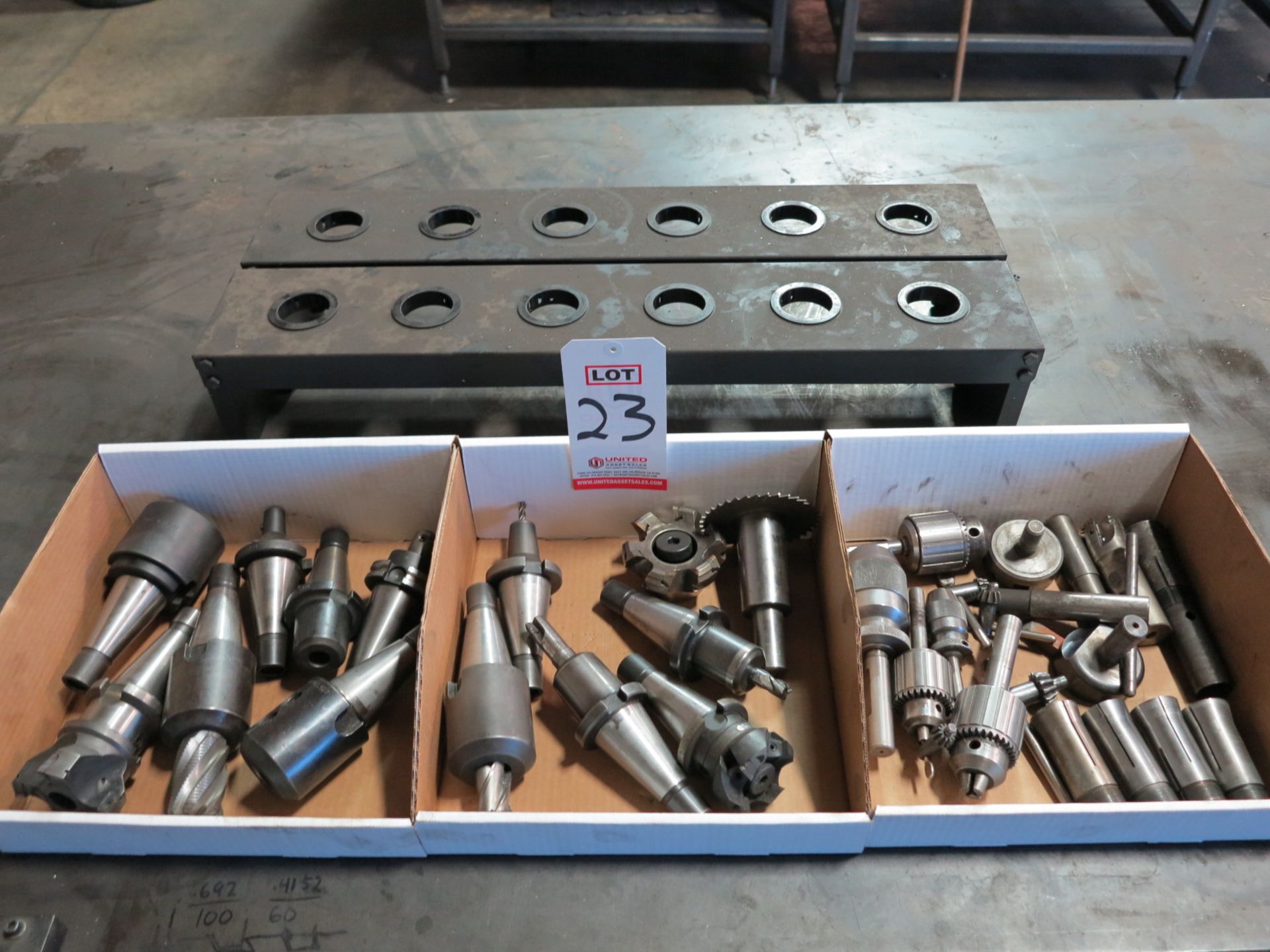 LOT - (3) BOXES OF 40 TAPER TOOL HOLDERS, TOOLING, CHUCKS AND 5C COLLETS