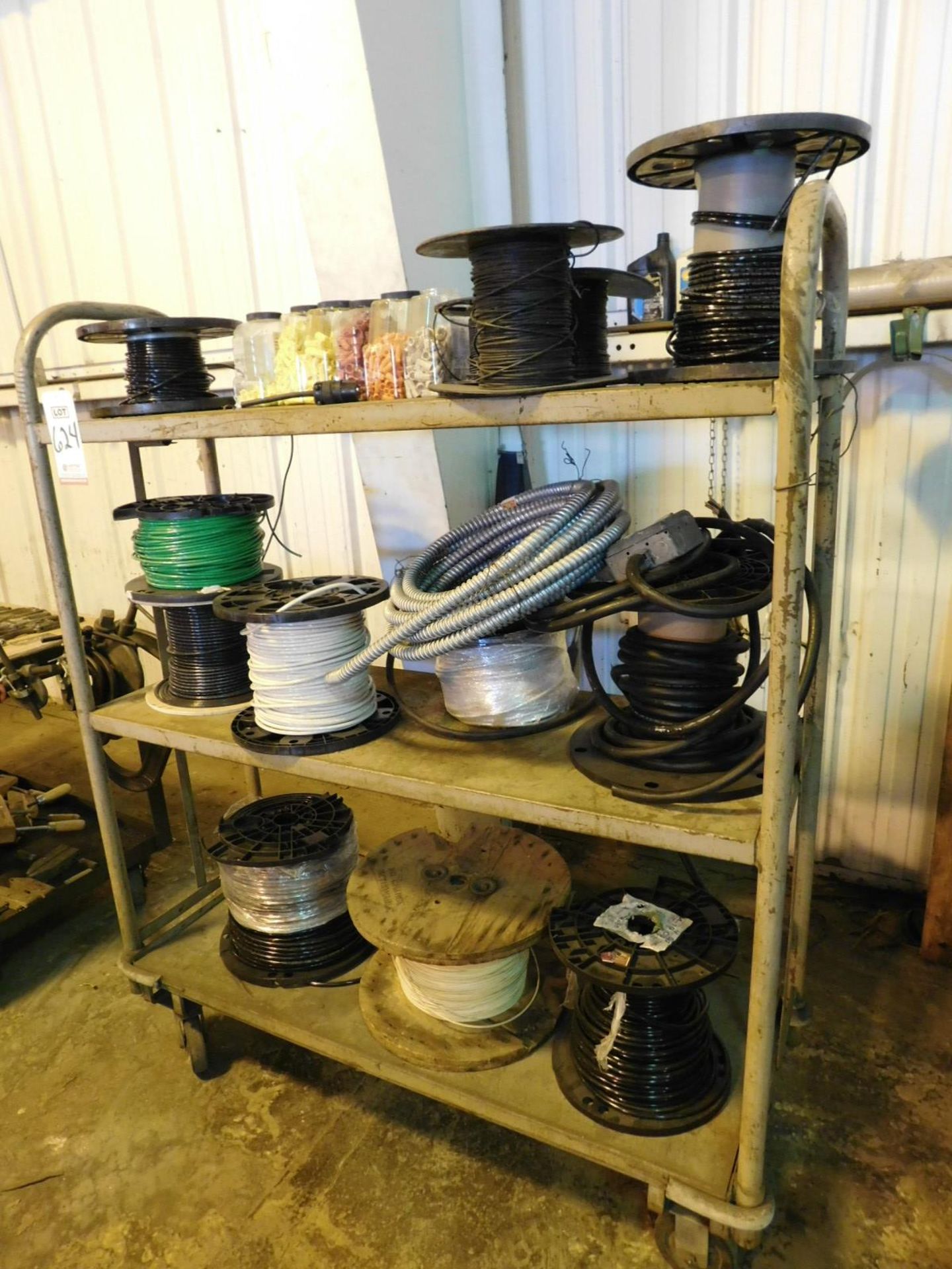 LOT - SHELF CART OF ELECTRICAL WIRE, CONDUIT, WIRE NUTS