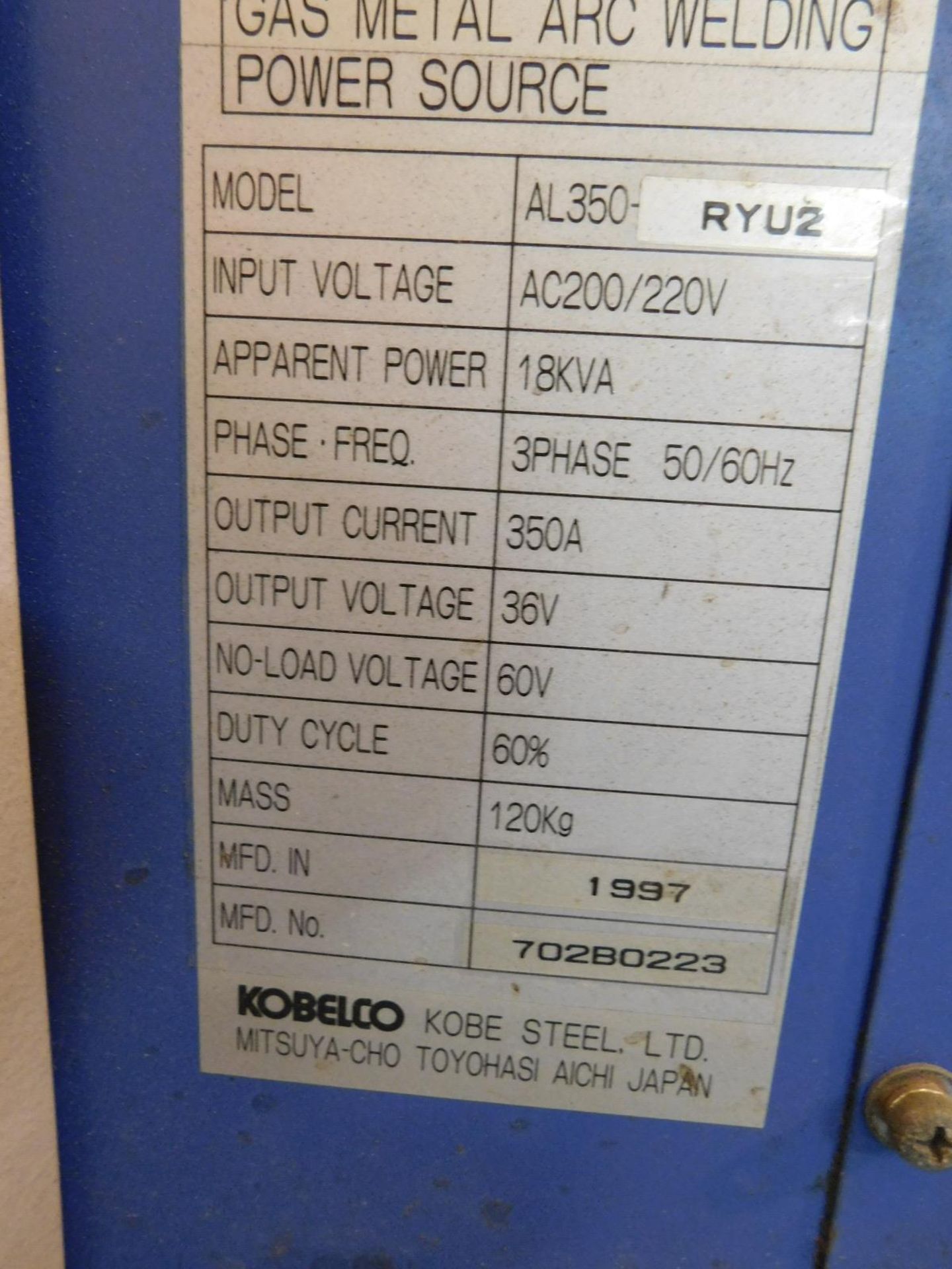 KOBELCO MOTOMAN SENSARC NEW AL350 GAS METAL ARC WELDING POWER SOURCE - Image 2 of 2