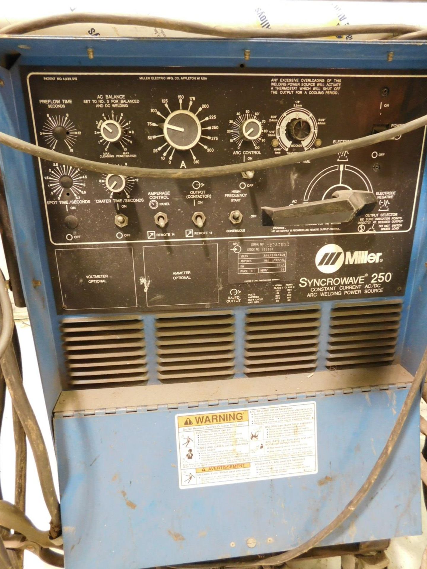 MILLER SYNCROWAVE 250 WELDER, STOCK NO. 903056, S/N KC242018, W/ COOLER, (ARGON TANK NOT INCLUDED) - Image 2 of 2