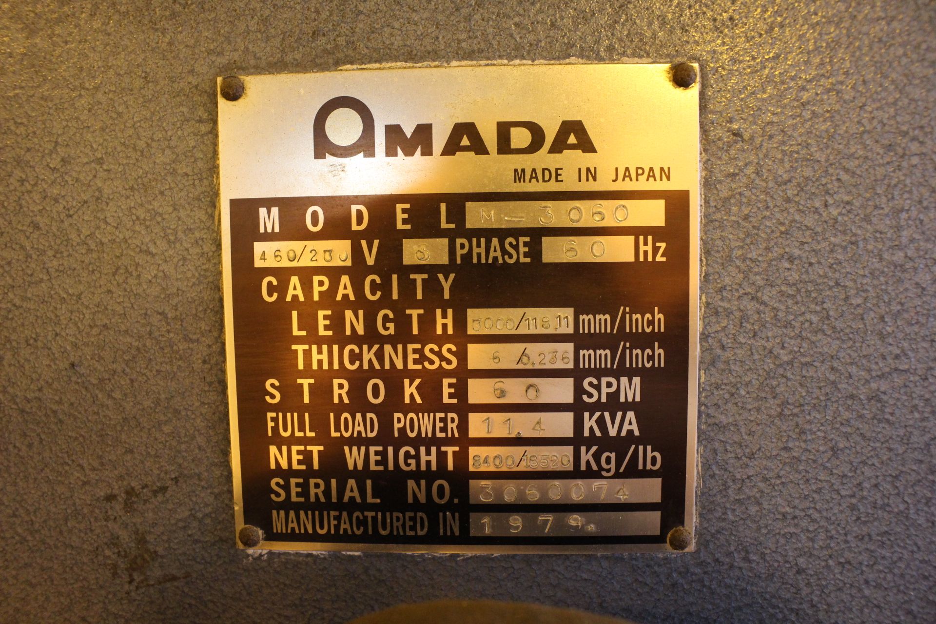 AMADA M-3060 SHEAR, S/N 3060074, 1/4" X 10', FRONT OPERATING BACK GAUGE, SQUARE ARM, (2) SUPPORTS, - Image 6 of 6