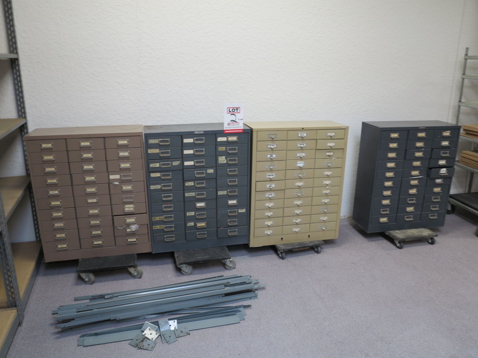 LOT - (4) 30-DRAWER STEEL PARTS CABINETS FULL OF MISC ELECTRONIC COMPONENTS TO INCLUDE: