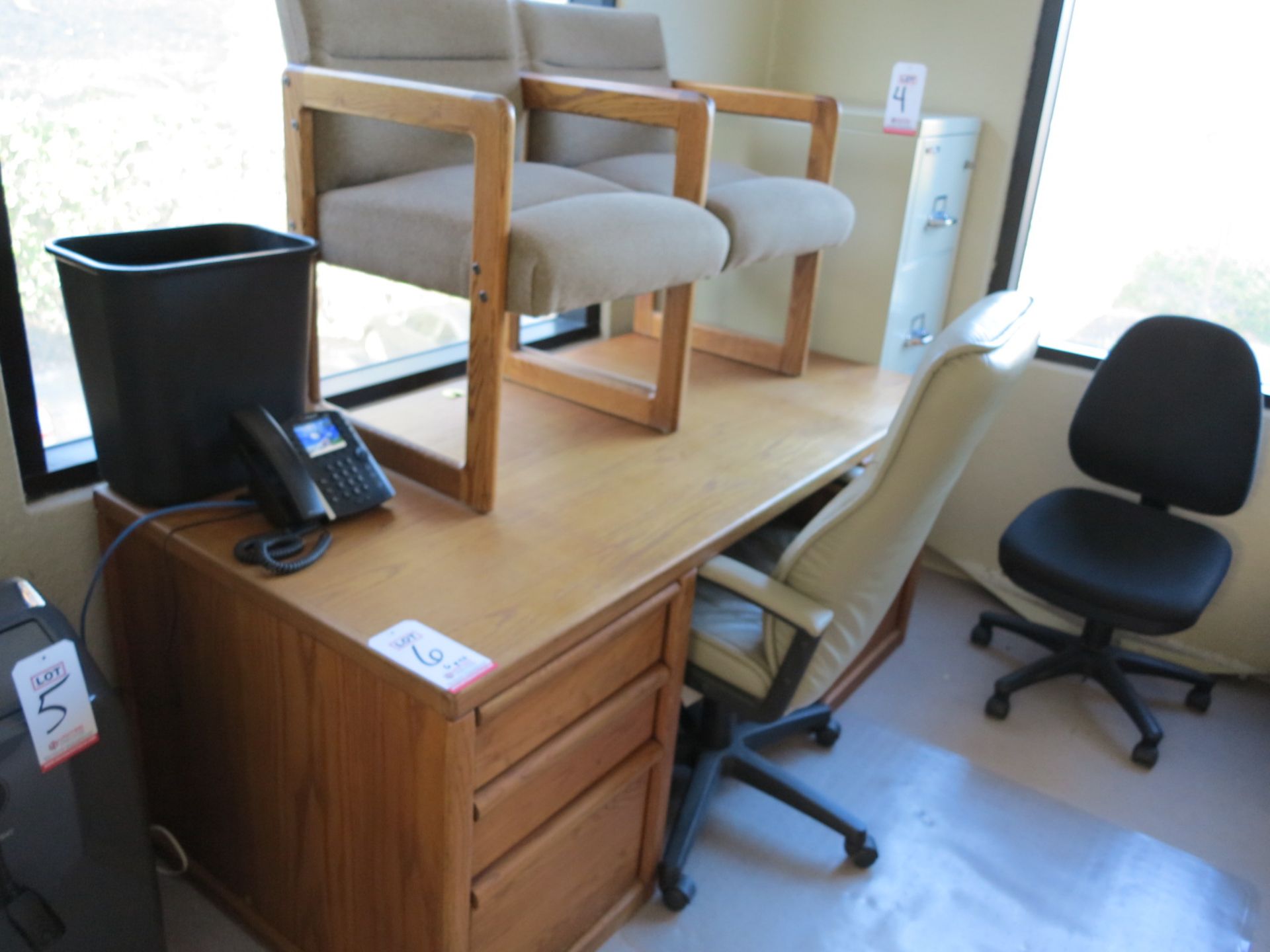 LOT - OAK DESK AND MATCHING CREDENZA, W/ (5) CHAIRS