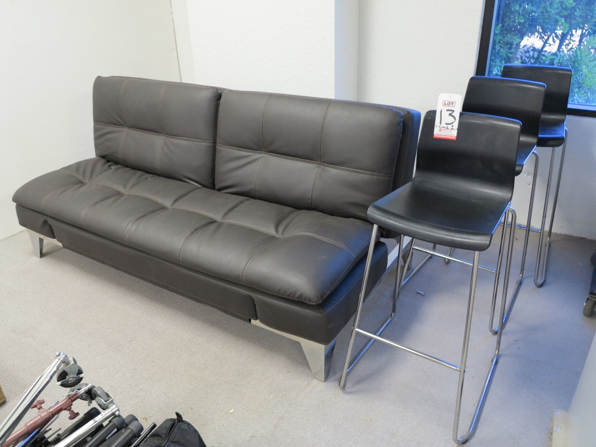 LOT - LEATHER GRAIN FUTON COUCH AND (3) BAR STOOLS