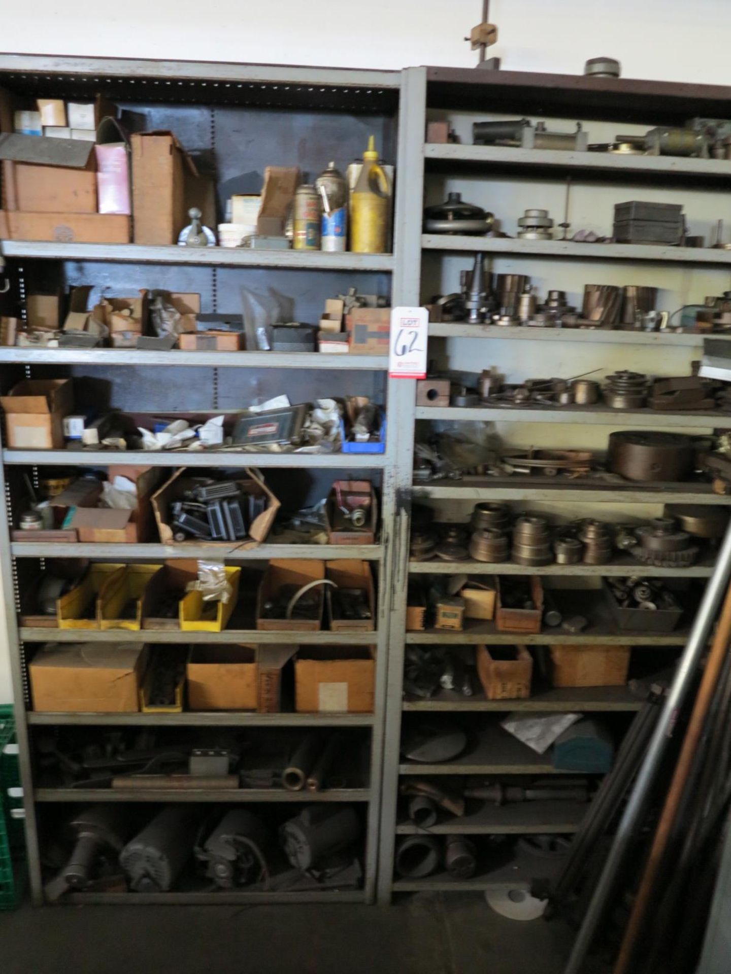 LOT - (2) SHELF UNITS, W/ CONTENTS TO INCLUDE: ELECTRIC MOTORS, GEARS, CUTTER AND TOOLING, PNEUMATIC