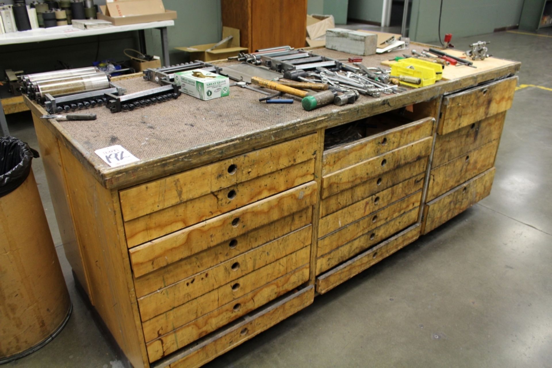 LOT - ISLAND CABINET W/ DRAWERS ON BOTH SIDES, FULL OF OMSO SCREEN PRINTER TOOLING