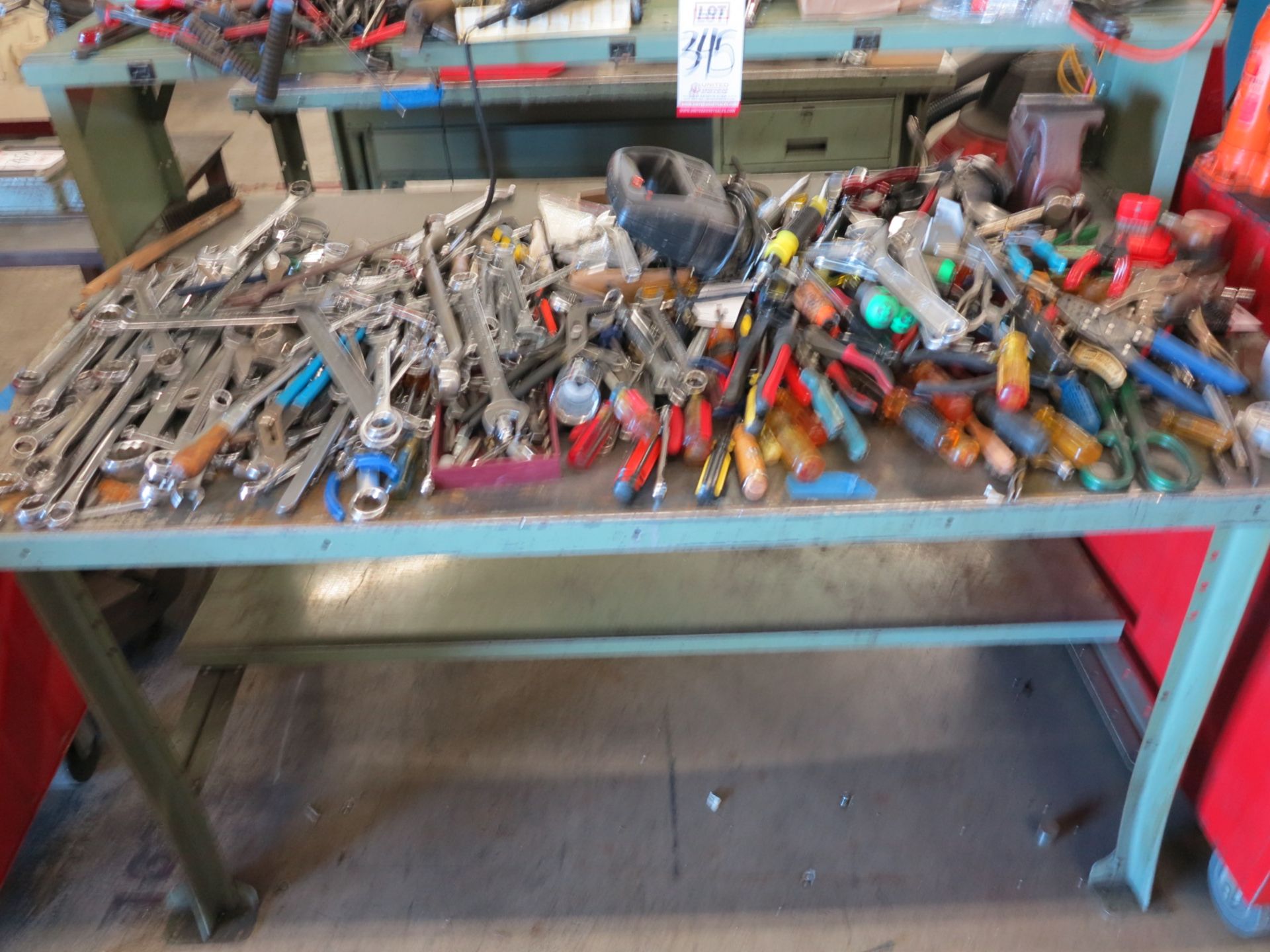 STEEL WORKBENCH, FULL OF HAND TOOLS