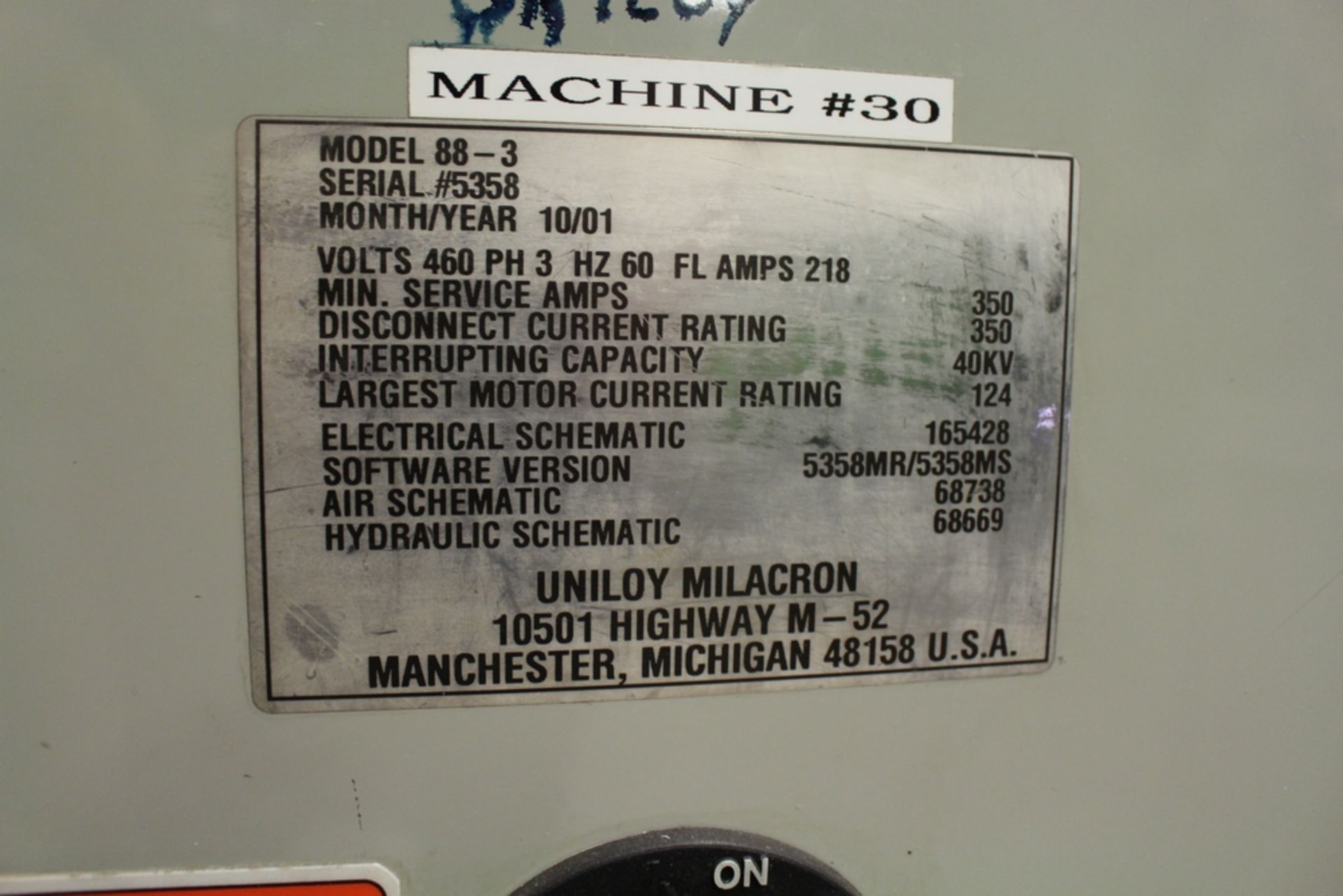 2001 UNILOY-MILACRON MODEL IBM88-3 INJECTION BLOW MOLDING MACHINE, S/N 5358, 75-TON CLAMP, 12.5- - Image 8 of 8