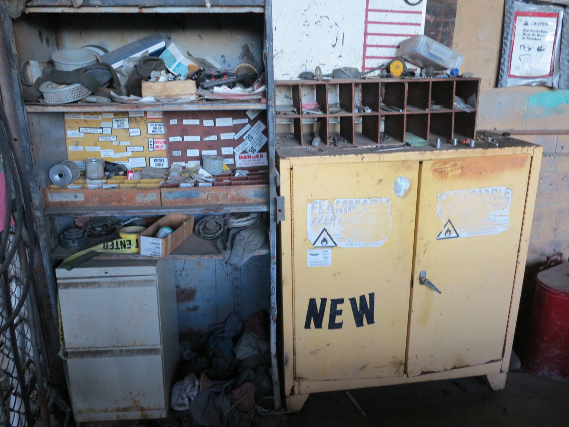 LOT - ALL ITEMS ON BACK WALL, TO INCLUDE: FLAMMABLE LIQUID CABINET, JACKHAMMER BITS, TOW HITCH