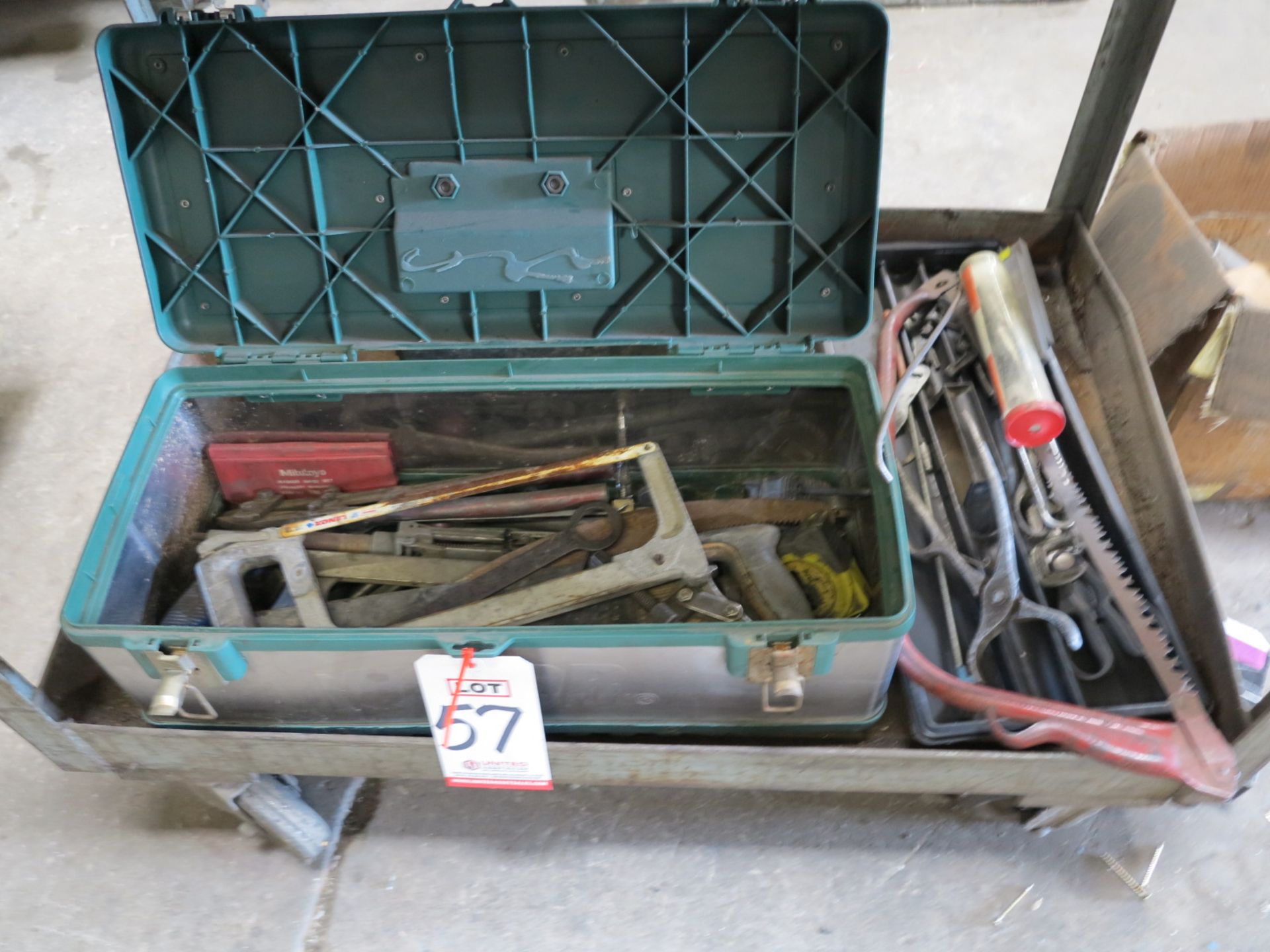 LOT - TOOLBOX FULL OF MISC SHOP TOOLS, SAWS, ETC.