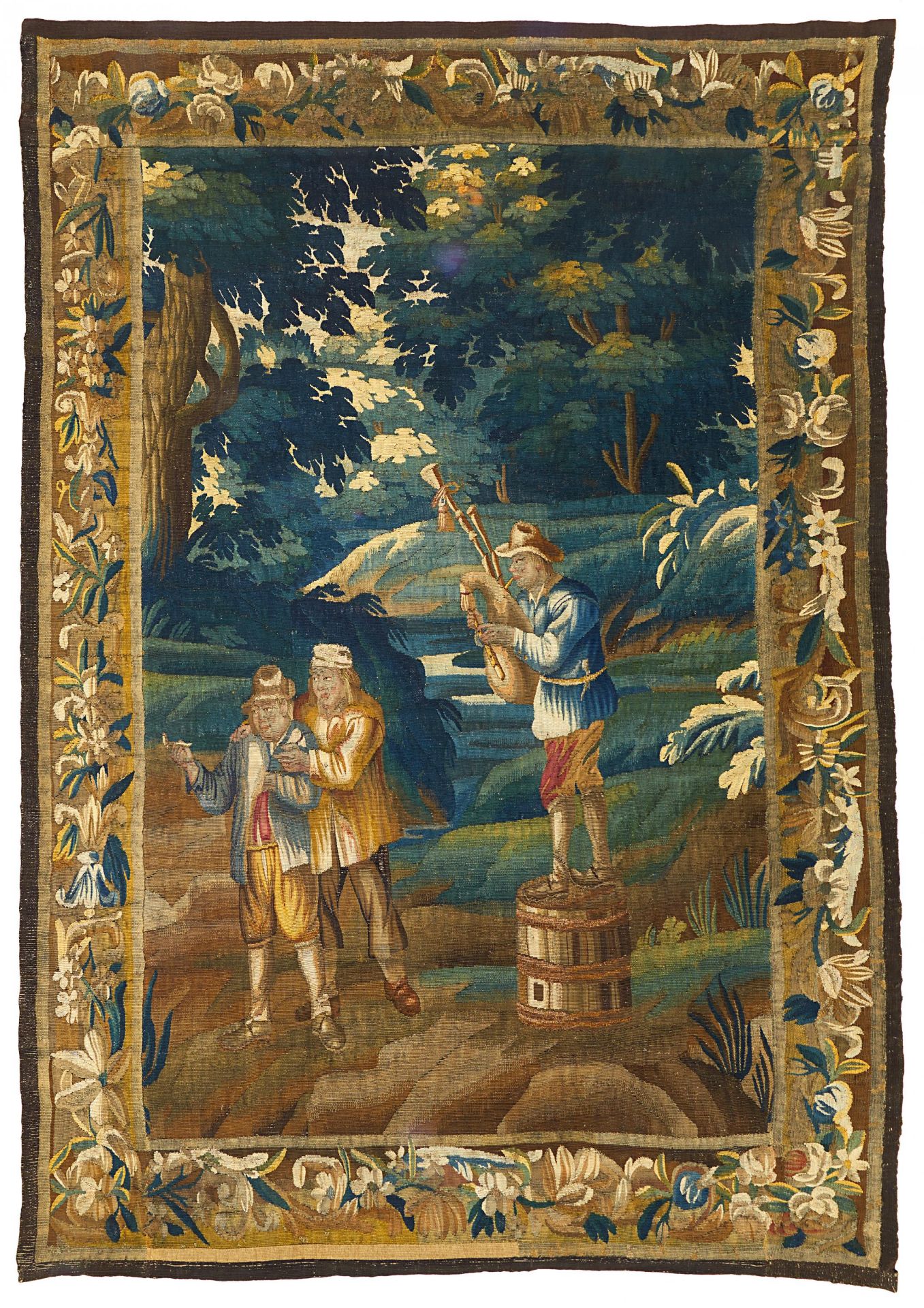 TAPISSERIE, FLANDERN. 18.Jh. Wolle. Tapisserie, "Der Dudelsackspieler". 230x156cm. Zustand B/C.