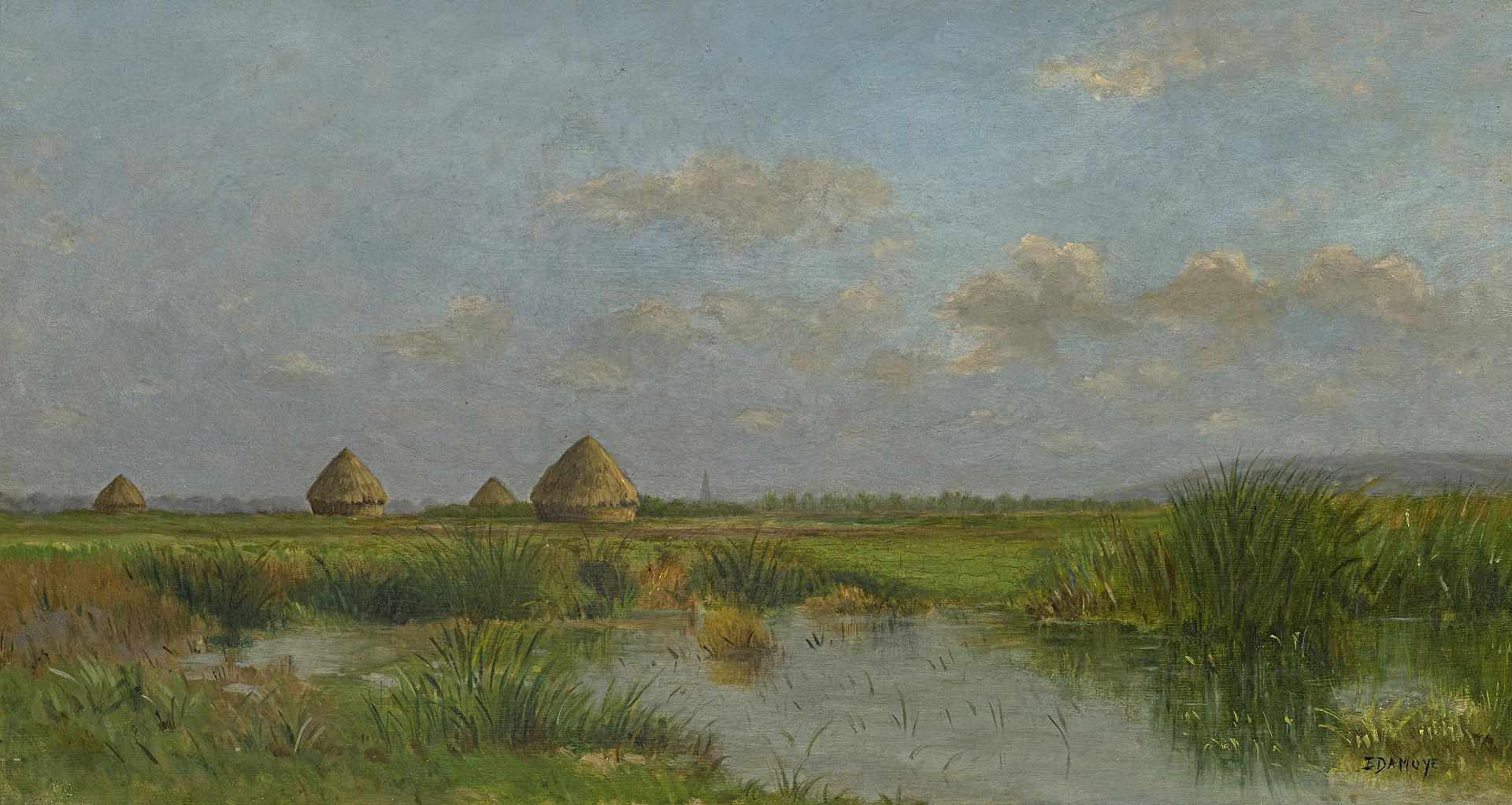 Damoye, Pierre-EmmanuelParis 1847 - 1916Felderlandschaft mit Heumieten. Öl auf Holz. 33 x 62cm.