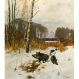 Drathmann, Johann Christopher1856 Bremen - 1932 BerlinWildschweine im Schnee. Öl auf Leinwand. 91