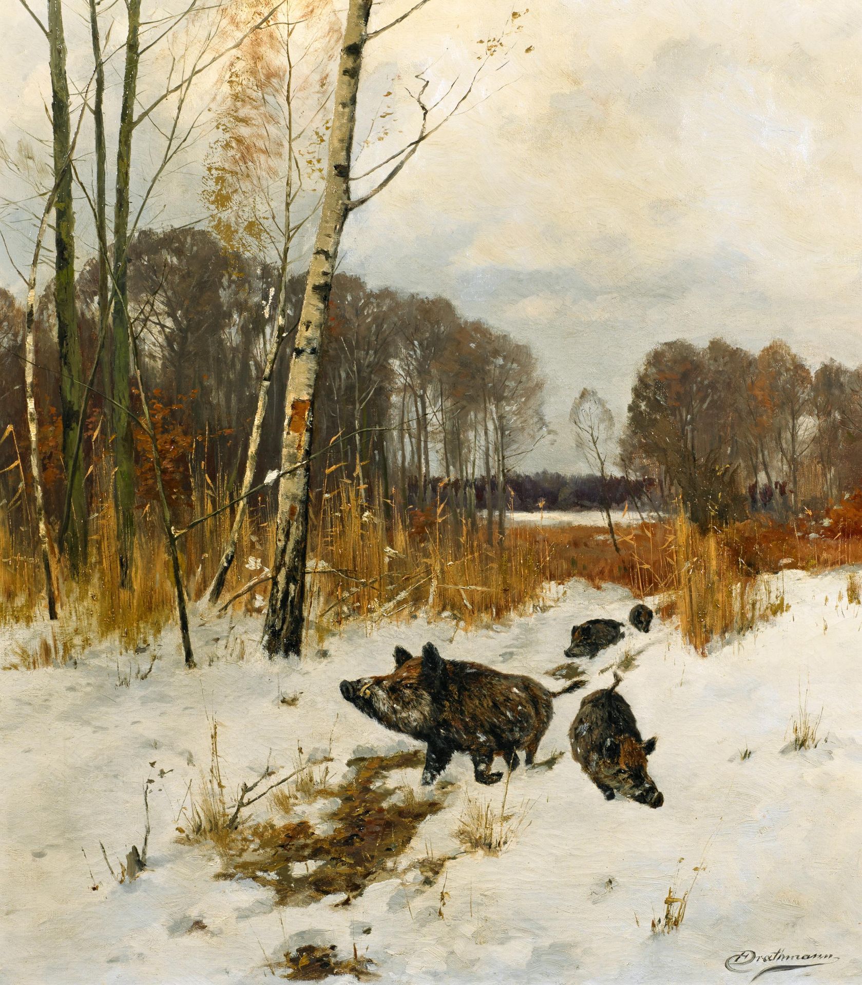 Drathmann, Johann Christopher1856 Bremen - 1932 BerlinWildschweine im Schnee. Öl auf Leinwand. 91