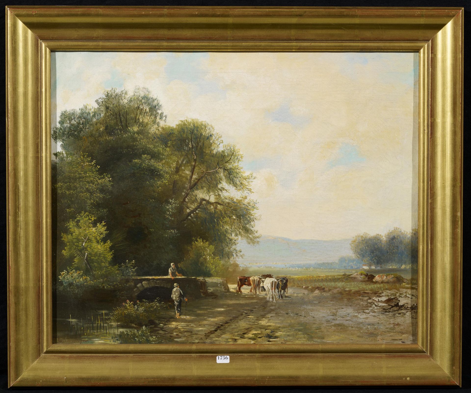 Deutscher Meister - um 1900Bauern mit ihrem Vieh an einer Brücke. Öl auf Leinwand. 42,5 x 53cm. - Image 2 of 3