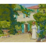 Französischer Meister - um 1910Dame mit Hund im Garten. Öl auf Leinwand. 39 x 47cm. Rahmen.