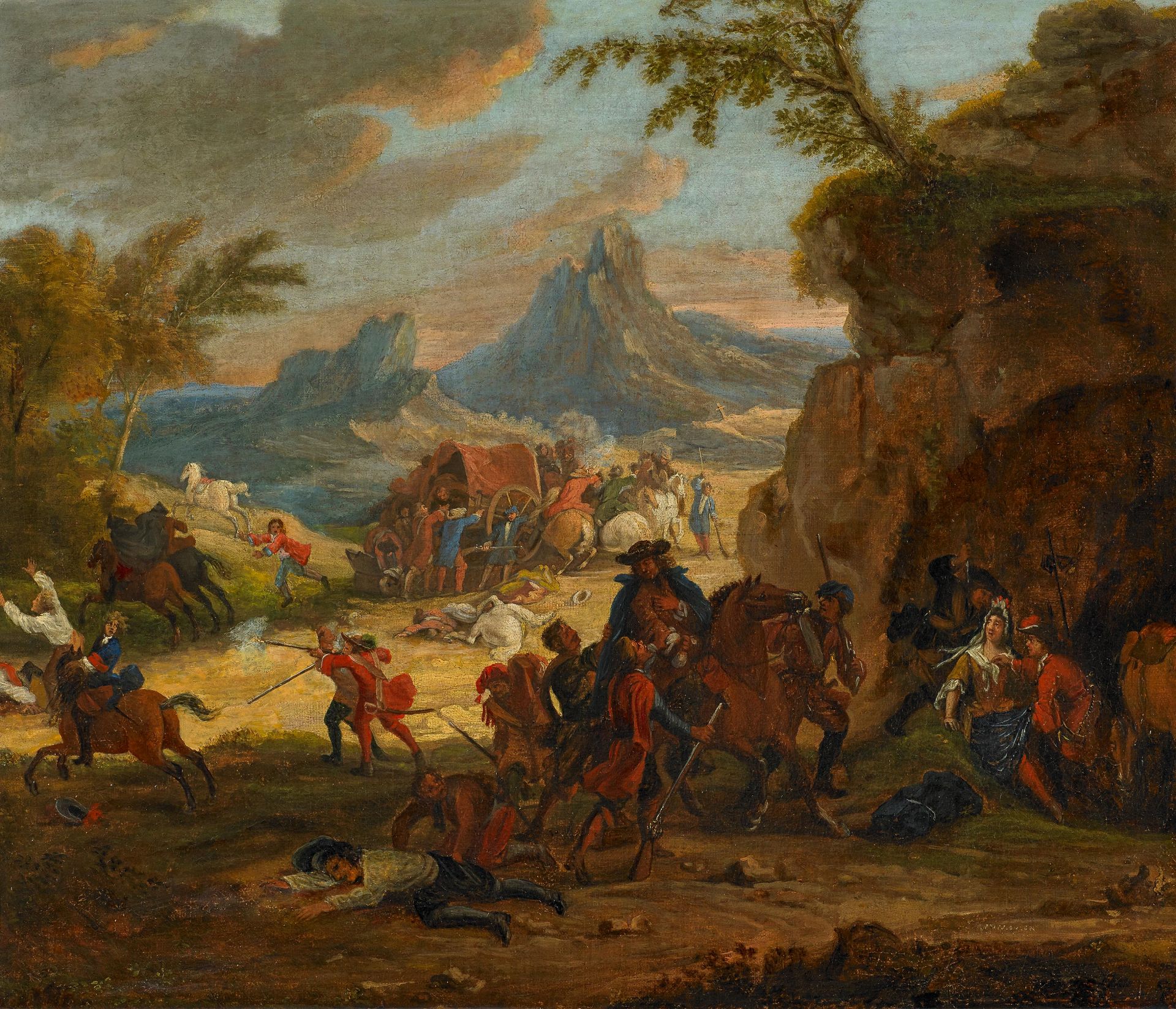 Meulen, Adam Frans van der1632 Brüssel - 1690 Paris - zugeschriebenDer Überfall. Öl auf Leinwand.