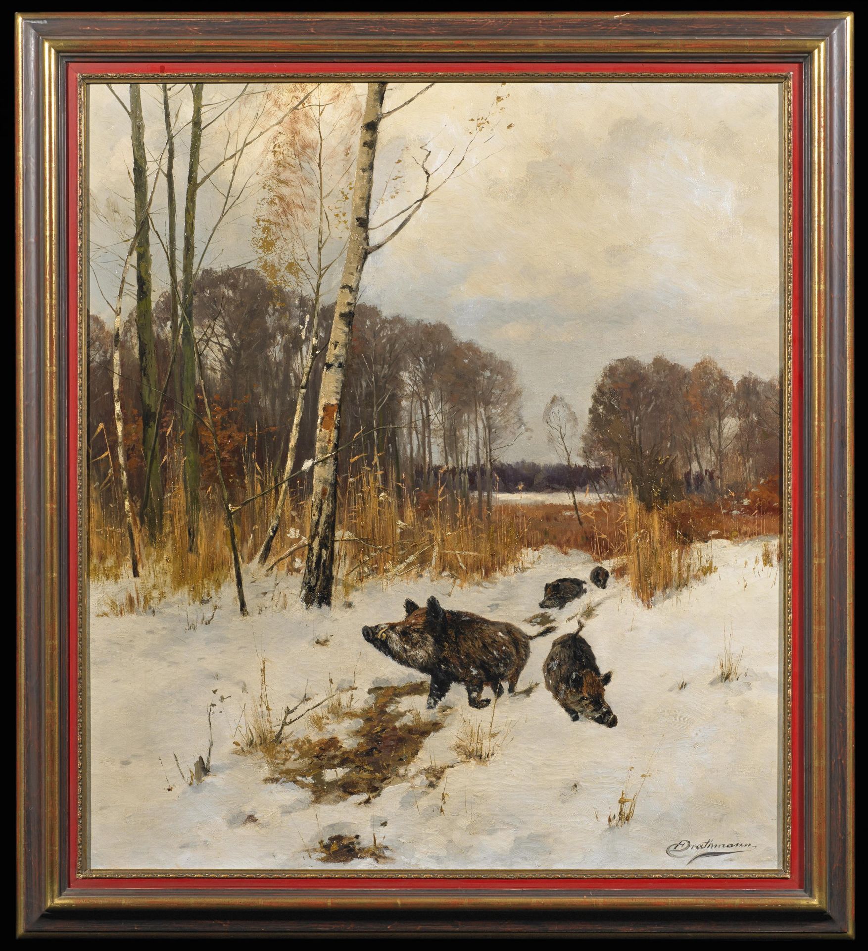 Drathmann, Johann Christopher1856 Bremen - 1932 BerlinWildschweine im Schnee. Öl auf Leinwand. 91 - Image 2 of 3