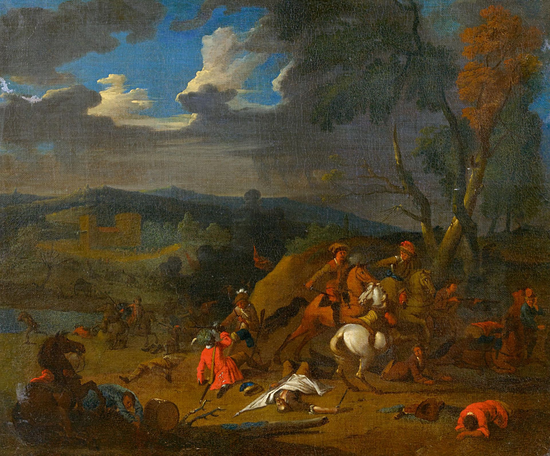 Querfurt, August1696 Wolfenbüttel - 1761 Wien - UmkreisNächtlicher Überfall am Waldrand. Öl auf